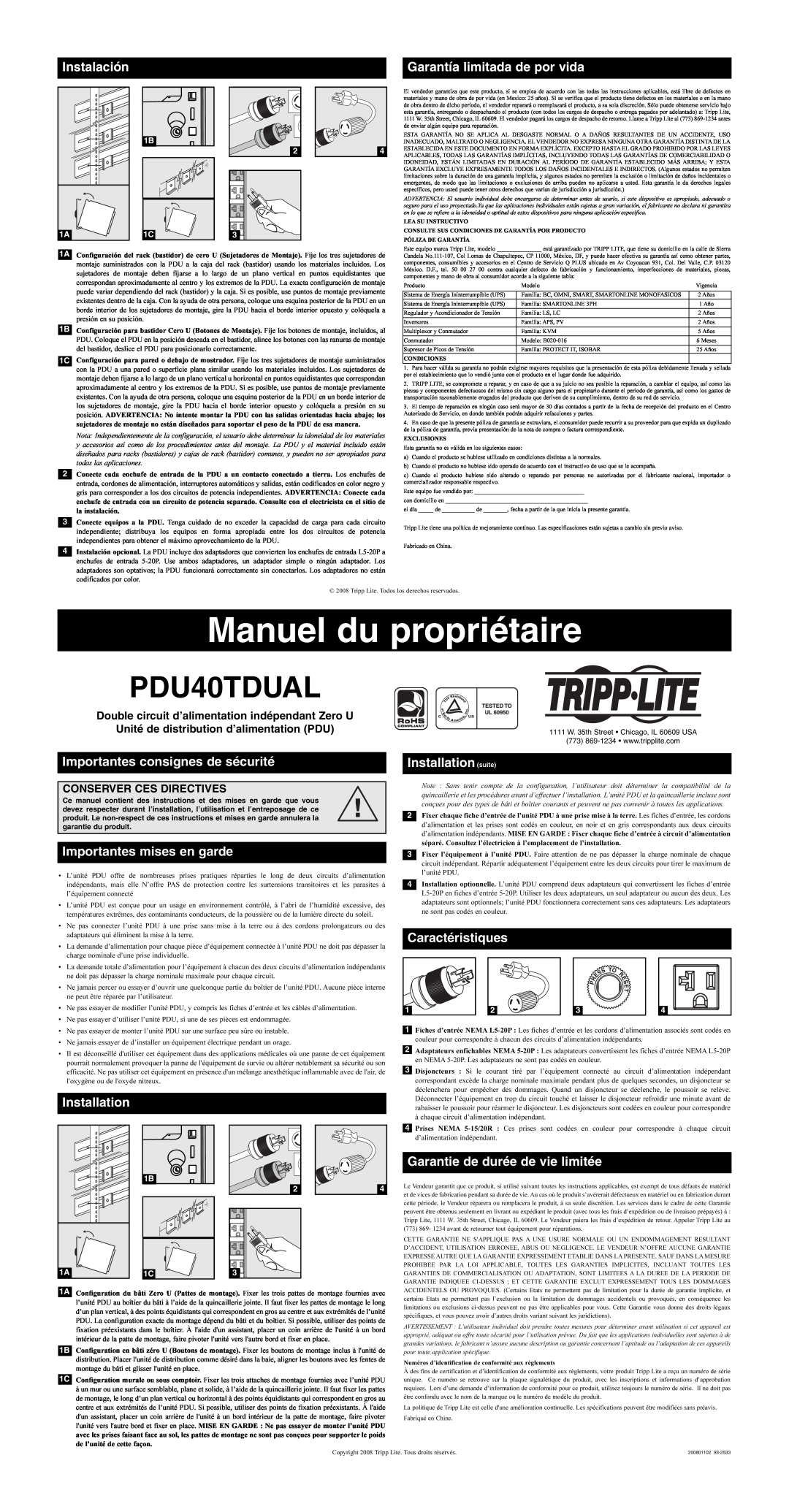 Tripp Lite PDU40TDUAL owner manual Manuel du propriétaire, Garantía limitada de por vida, Importantes consignes de sécurité 
