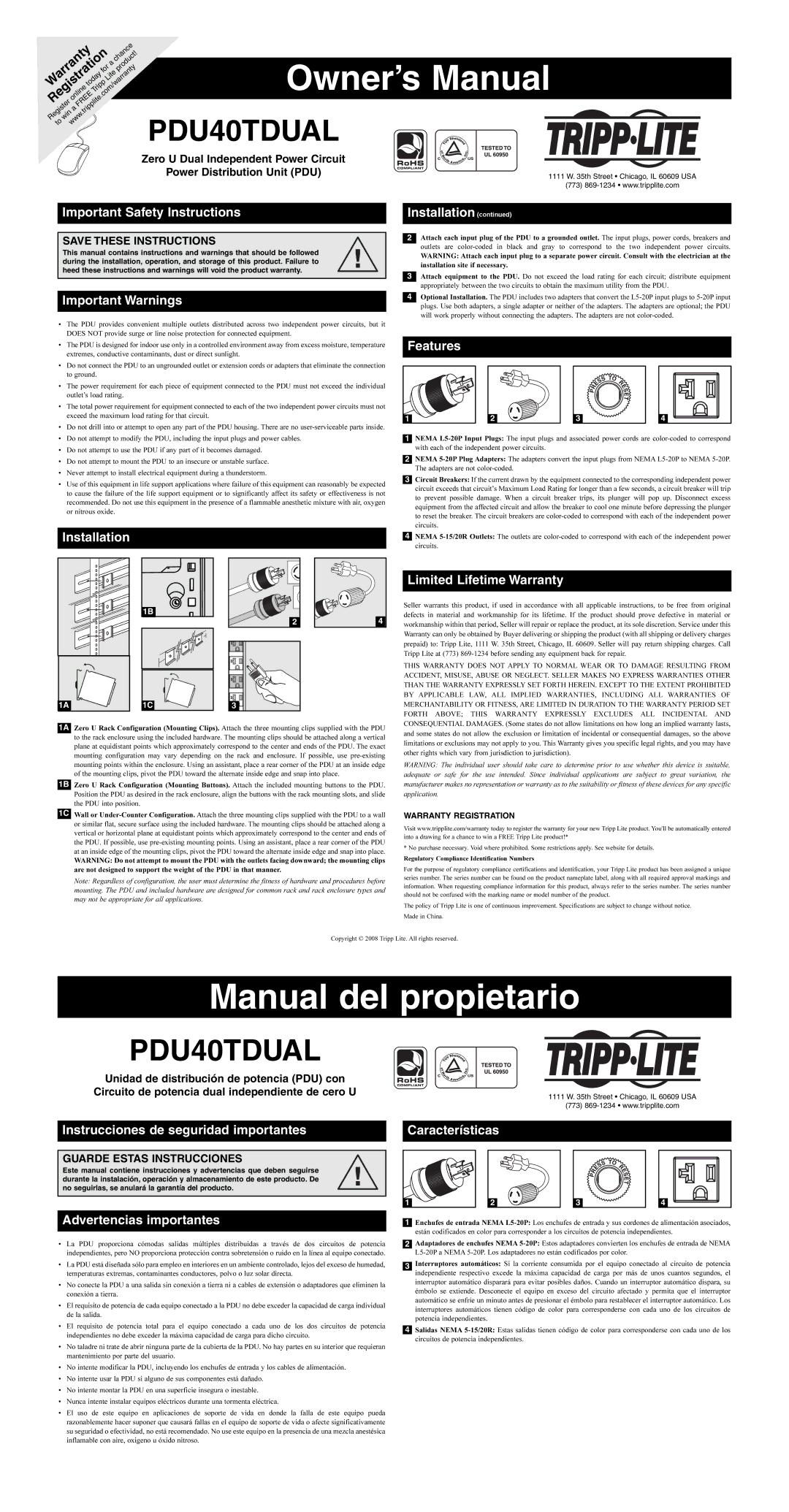 Tripp Lite PDU40TDUAL owner manual Important Safety Instructions Installation, Important Warnings 