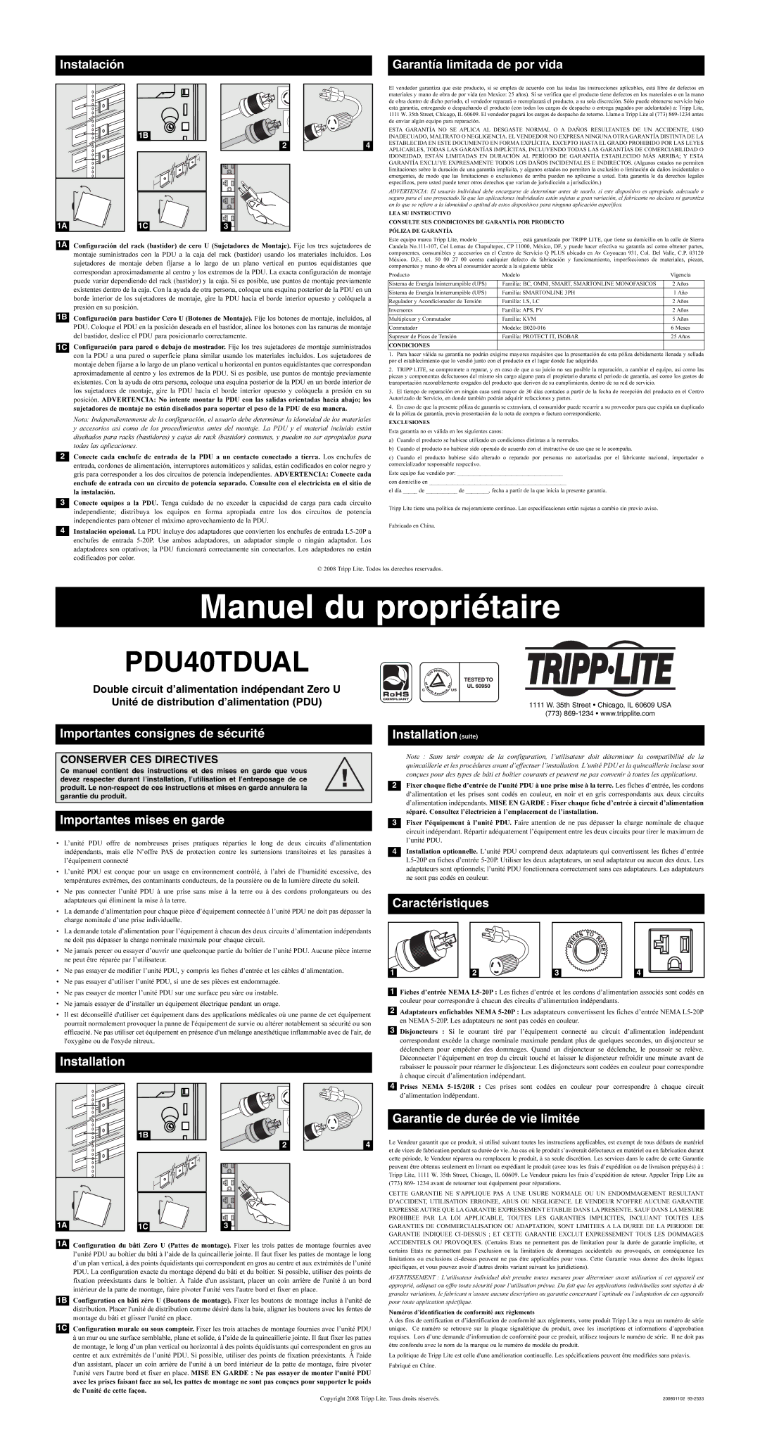 Tripp Lite PDU40TDUAL Garantía limitada de por vida, Importantes consignes de sécurité, Importantes mises en garde 