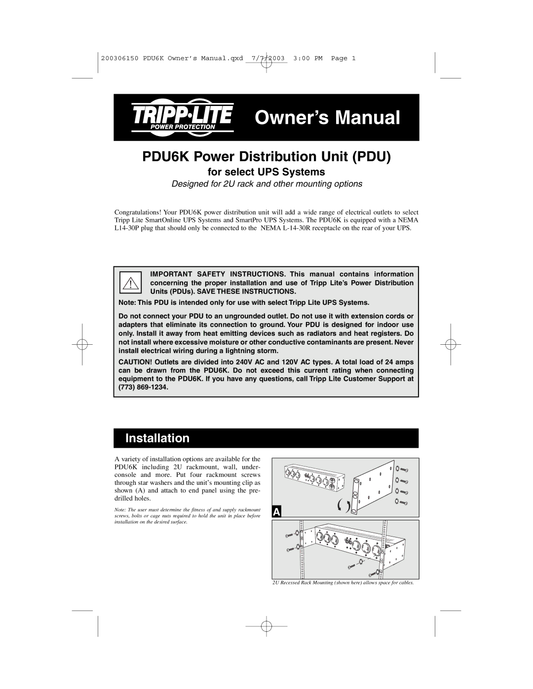 Tripp Lite owner manual PDU6K Power Distribution Unit PDU, Installation, For select UPS Systems 