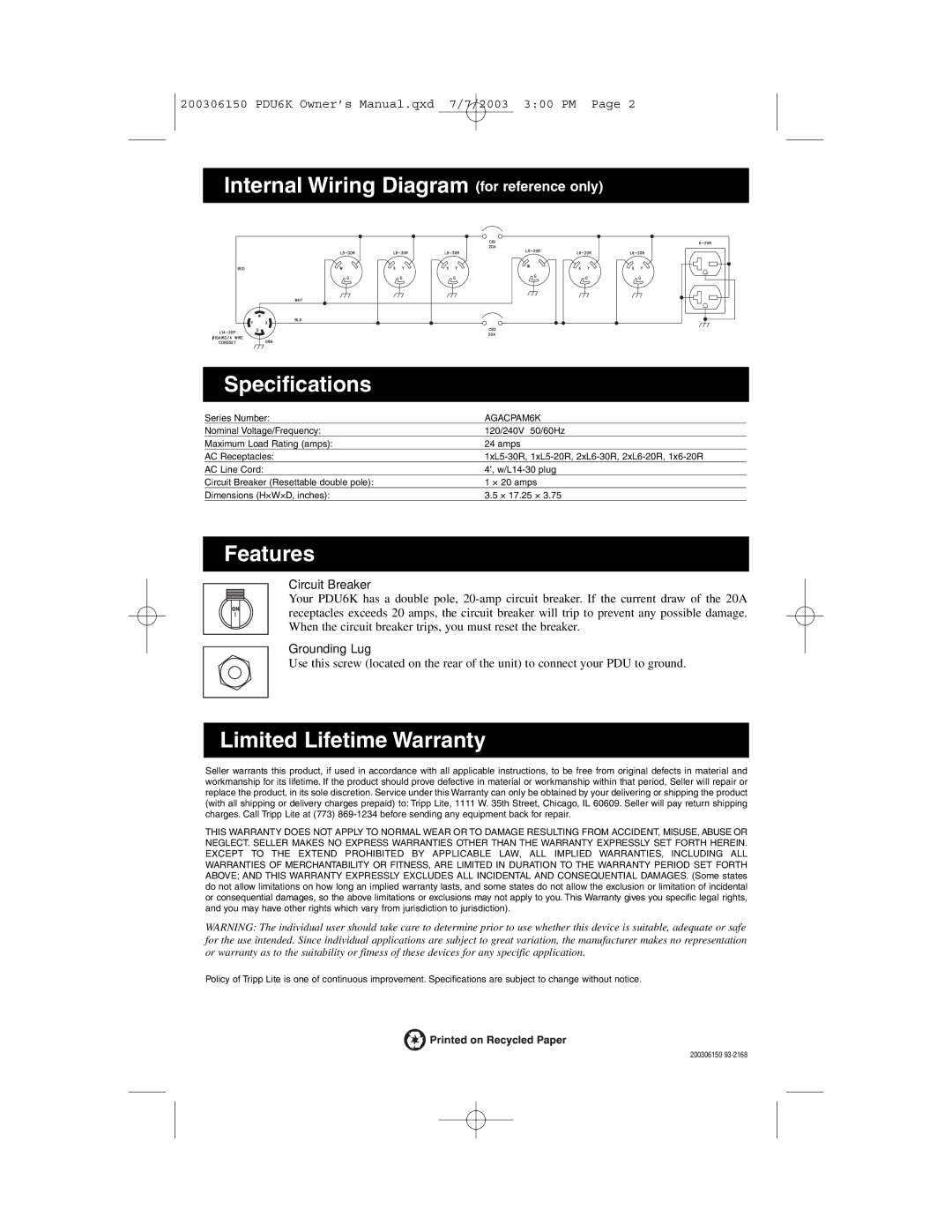 Tripp Lite PDU6K Internal Wiring Diagram for reference only Specifications, Features, Limited Lifetime Warranty 