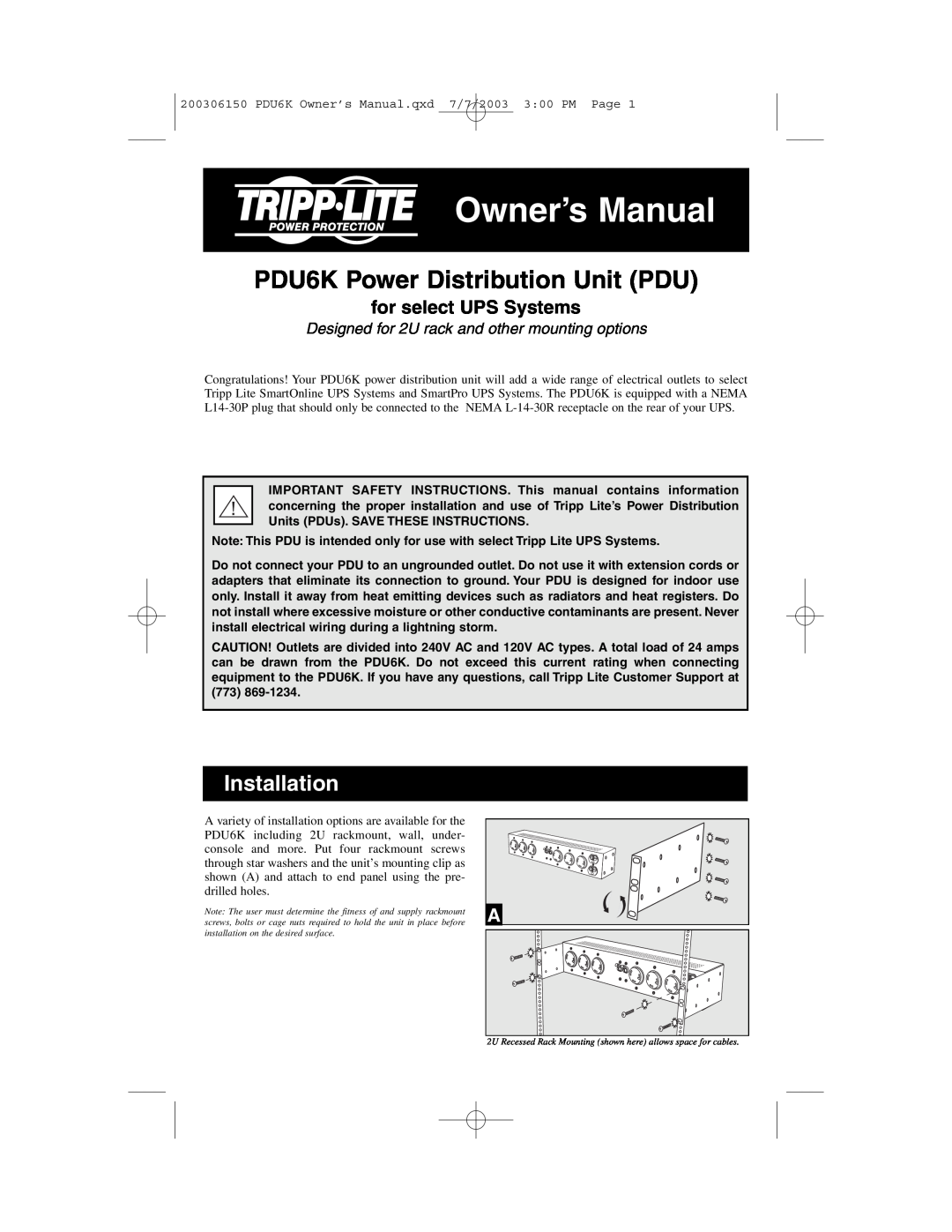 Tripp Lite owner manual Installation, PDU6K Power Distribution Unit PDU, for select UPS Systems 