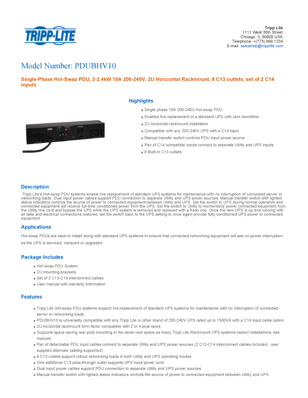 Tripp Lite PDUBHV10 user manual Highlights, Description, Applications, Package Includes, Features 