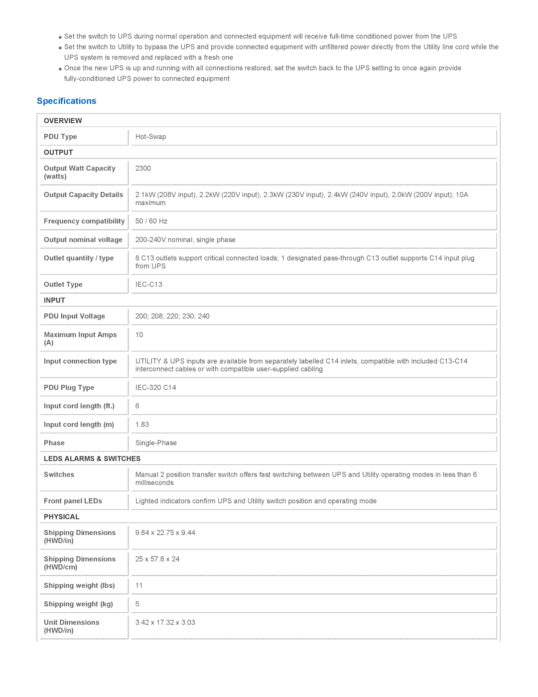 Tripp Lite PDUBHV10 user manual Specifications 