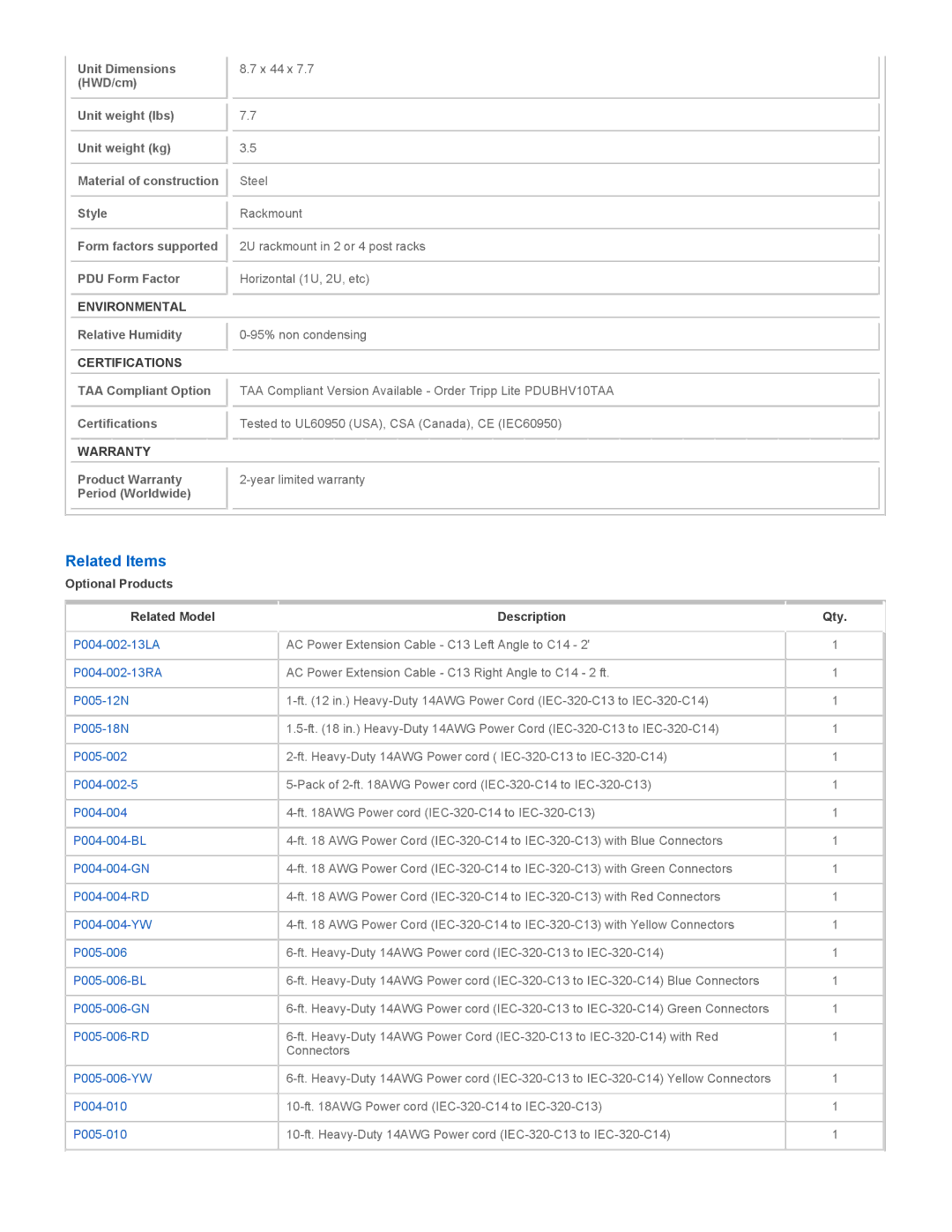 Tripp Lite PDUBHV10 user manual Related Items, Environmental, Certifications, Warranty 