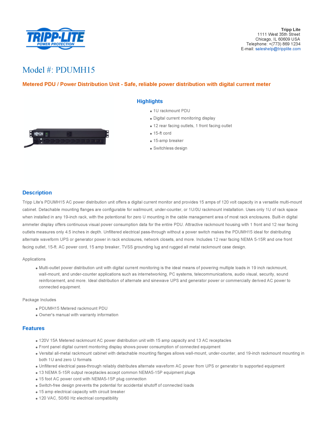 Tripp Lite owner manual Highlights, Description, Features, Model # PDUMH15 