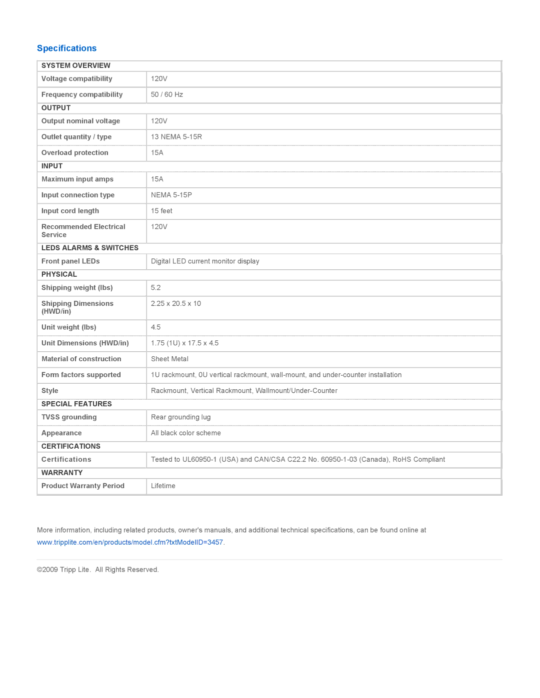 Tripp Lite PDUMH15 owner manual Specifications 