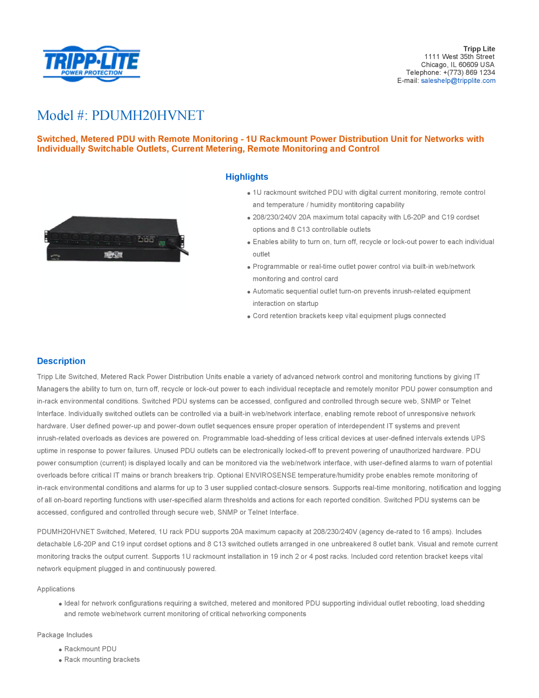 Tripp Lite PDUMH15HVNET manual Highlights, Description 