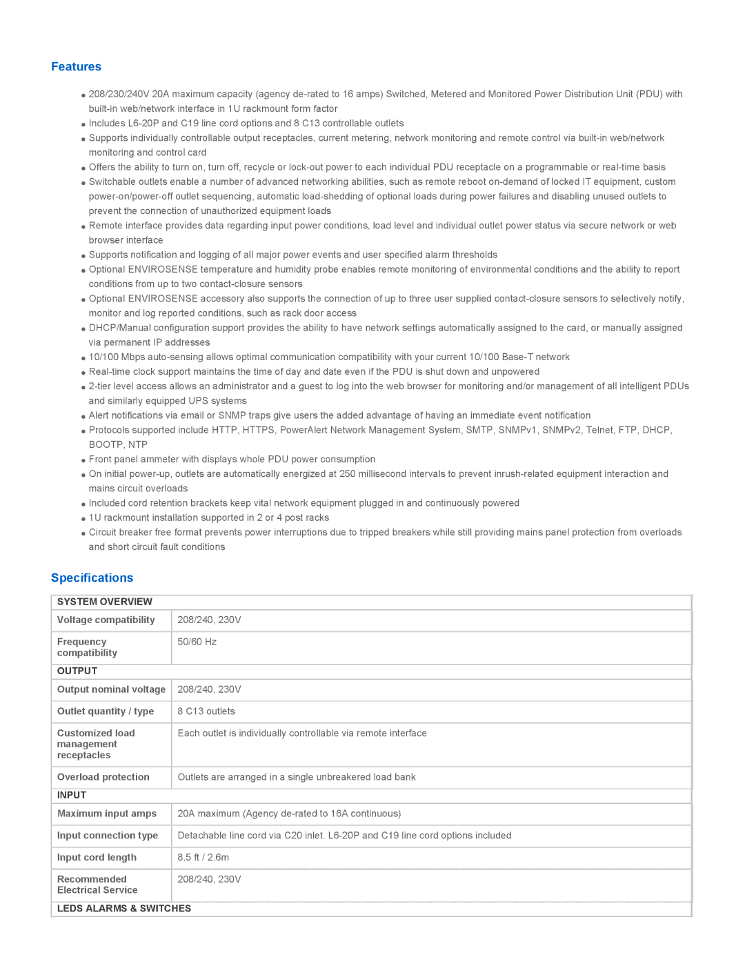 Tripp Lite PDUMH15HVNET manual Features, Specifications 