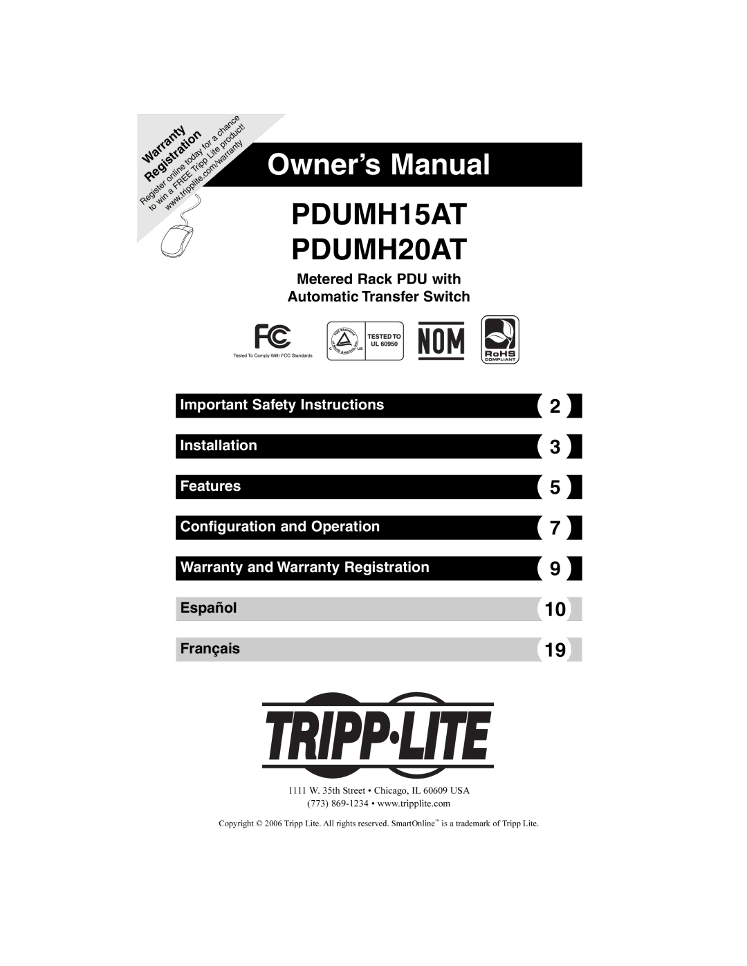 Tripp Lite owner manual PDUMH15AT PDUMH20AT, Th Street Chicago, IL 60609 USA 