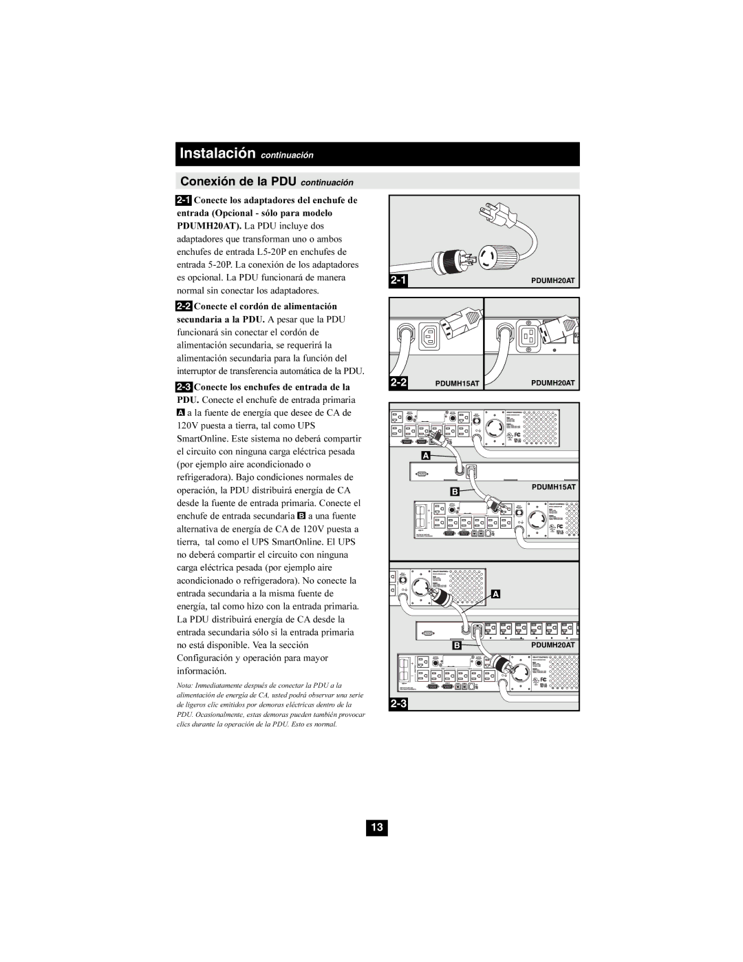 Tripp Lite PDUMH15AT, PDUMH20AT owner manual Instalación continuación, Conexión de la PDU continuación 