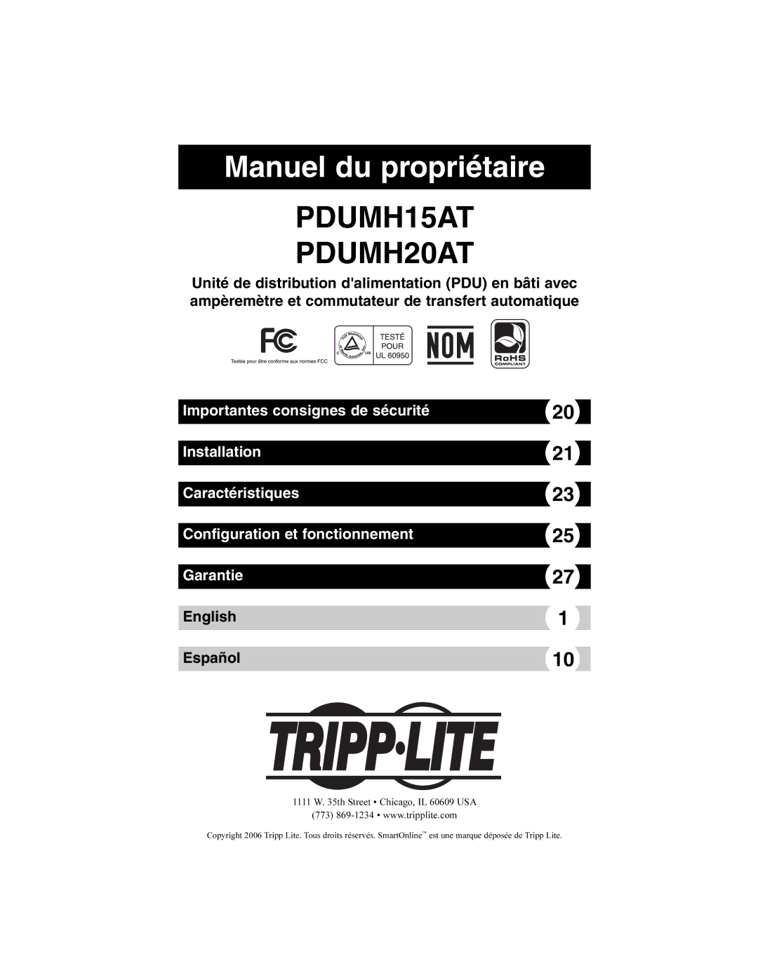 Tripp Lite PDUMH15AT, PDUMH20AT owner manual Manuel du propriétaire 