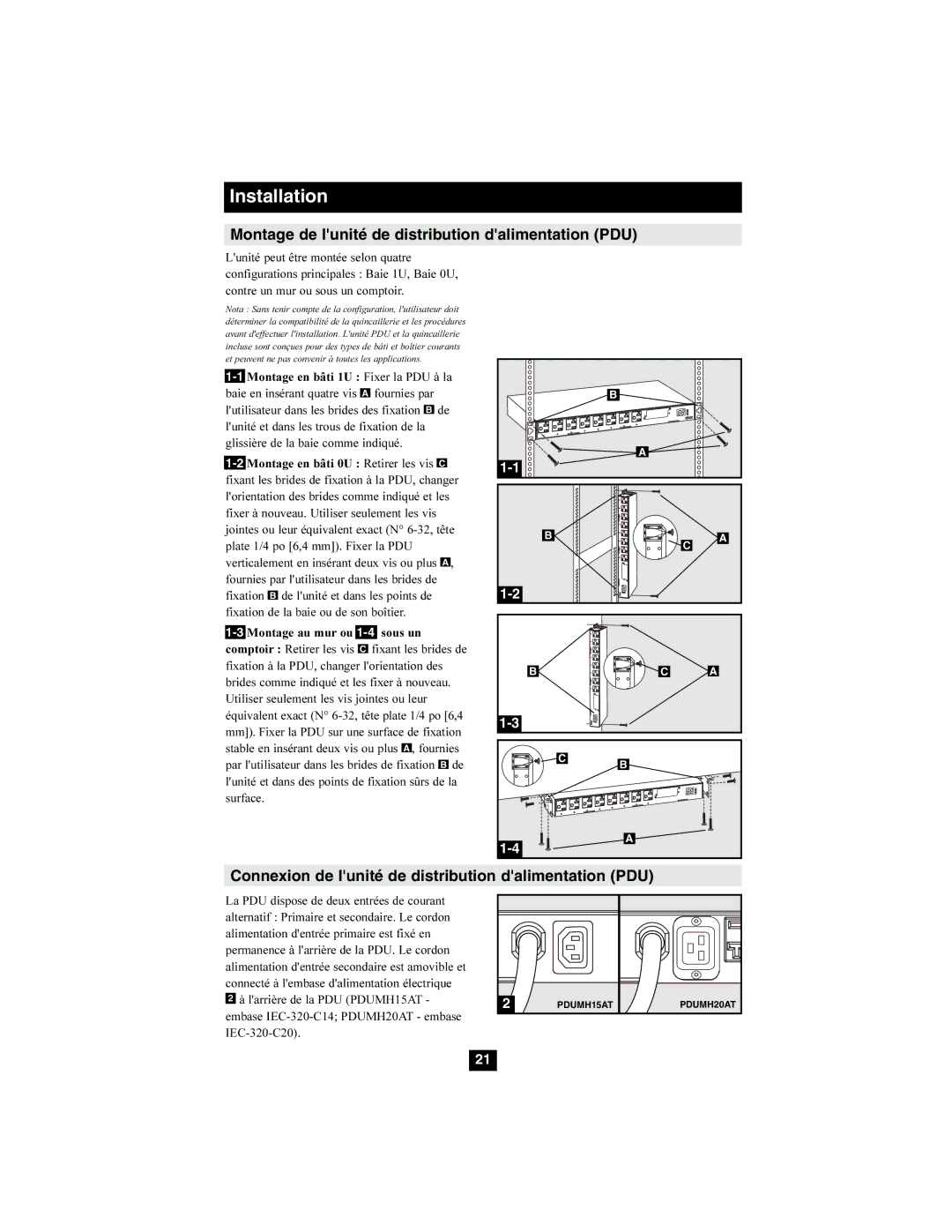 Tripp Lite PDUMH15AT, PDUMH20AT owner manual Montage de lunité de distribution dalimentation PDU 