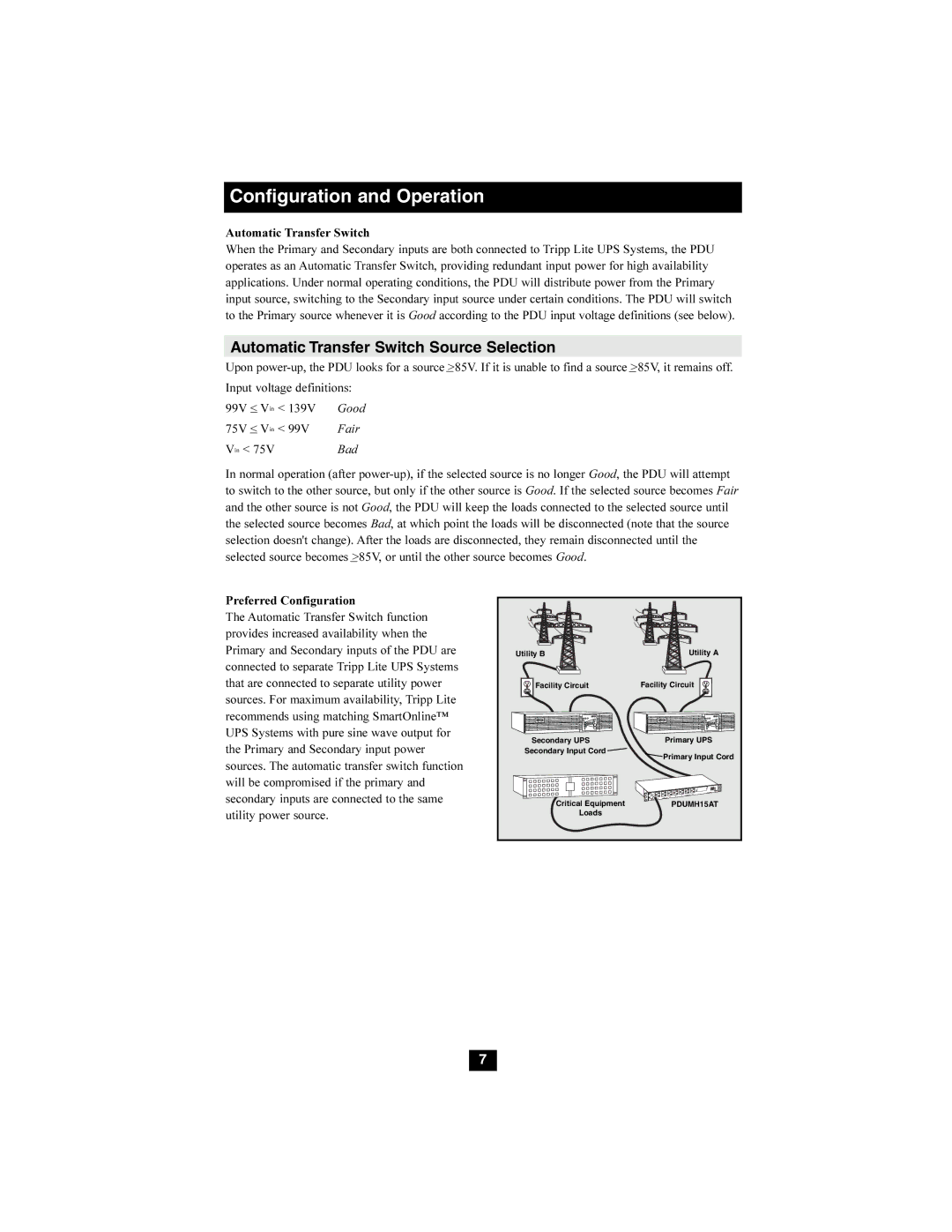 Tripp Lite PDUMH15AT, PDUMH20AT owner manual Automatic Transfer Switch Source Selection, Preferred Configuration 