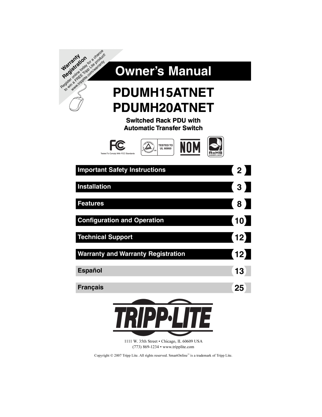 Tripp Lite owner manual Owner’s Manual, PDUMH15ATNET PDUMH20ATNET, Switched Rack PDU with Automatic Transfer Switch 