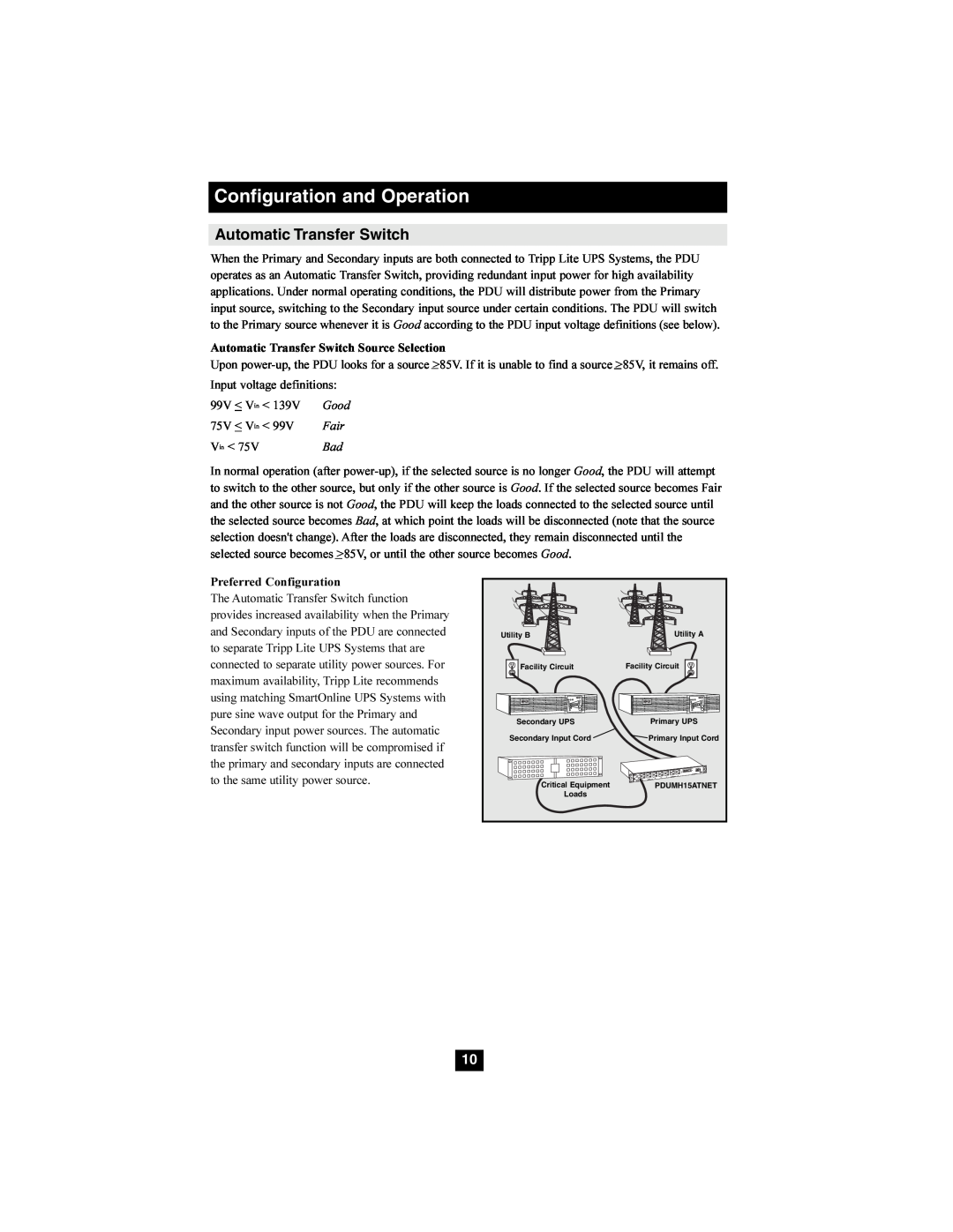 Tripp Lite PDUMH20ATNET, PDUMH15ATNET owner manual Configuration and Operation, Automatic Transfer Switch 