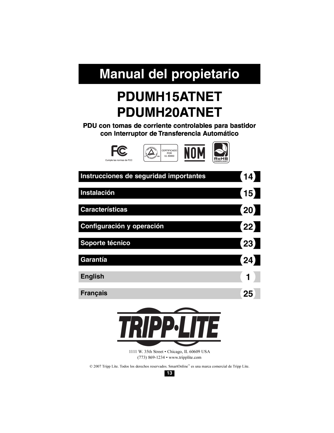 Tripp Lite PDUMH15ATNET Manual del propietario, PDU con tomas de corriente controlables para bastidor, English Français 