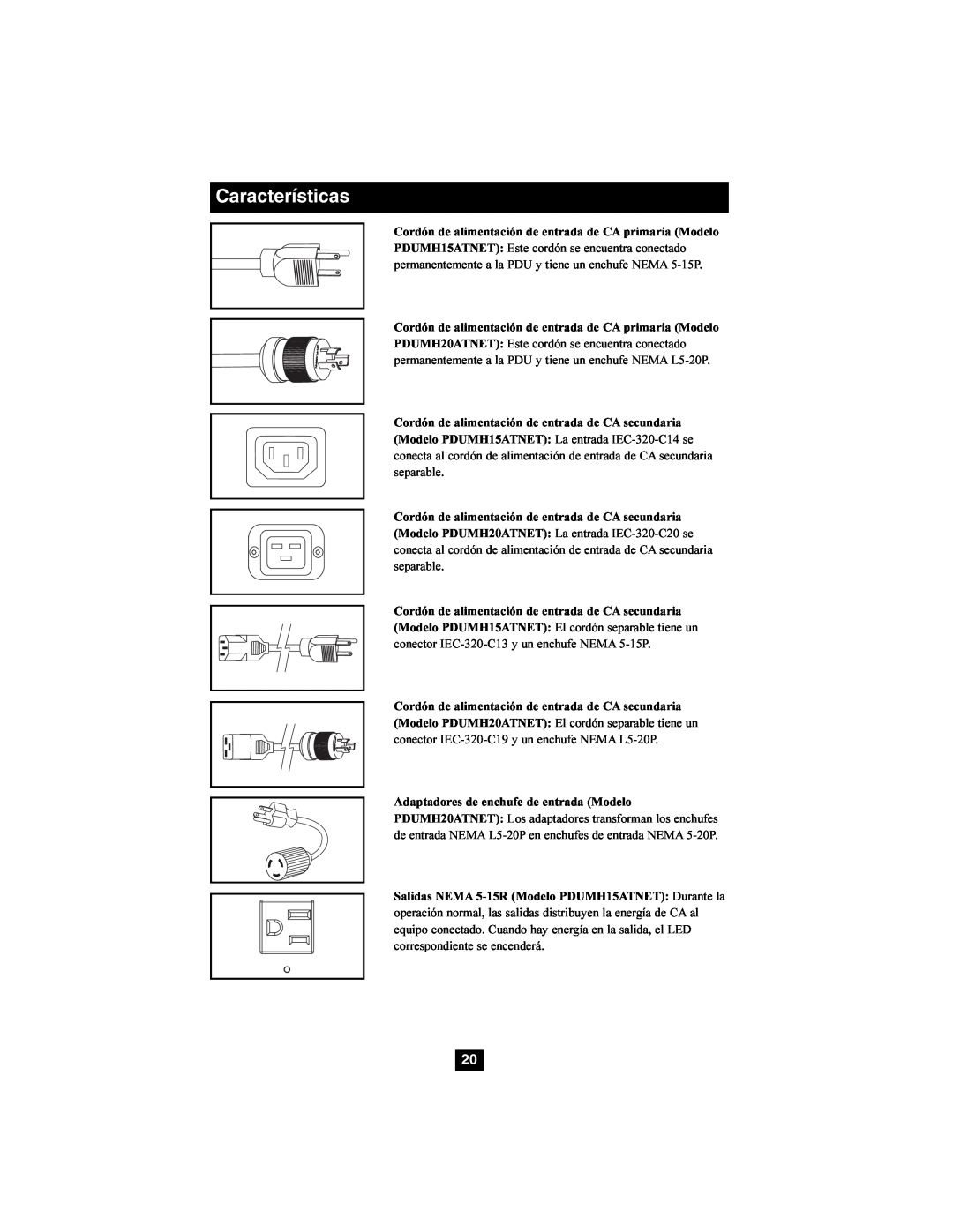 Tripp Lite PDUMH20ATNET, PDUMH15ATNET owner manual Características 