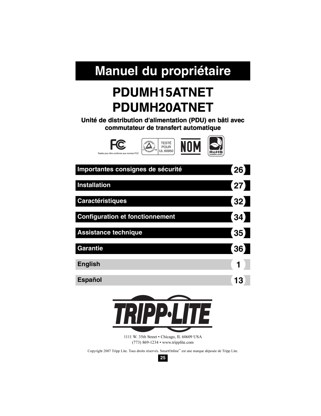 Tripp Lite PDUMH15ATNET Manuel du propriétaire, Unité de distribution dalimentation PDU en bâti avec, English Español 