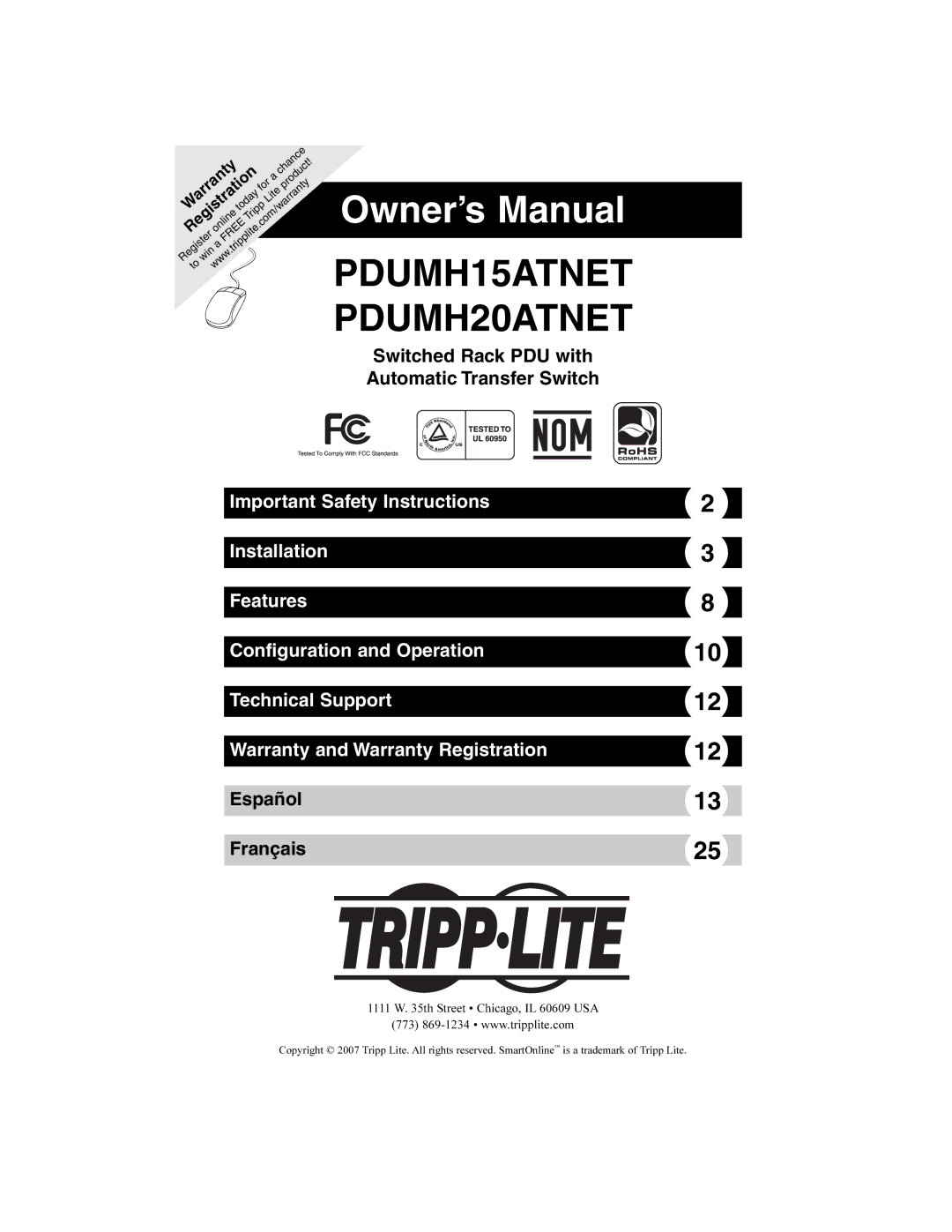 Tripp Lite owner manual PDUMH15ATNET PDUMH20ATNET, Th Street Chicago, IL 60609 USA 