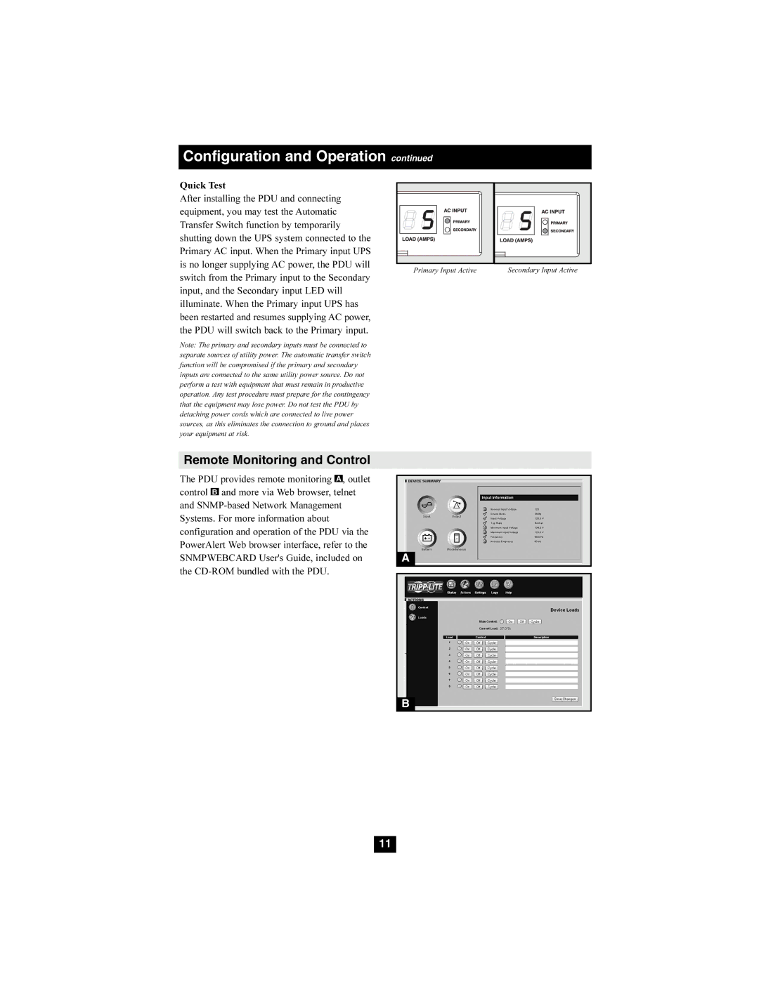 Tripp Lite PDUMH15ATNET, PDUMH20ATNET owner manual Remote Monitoring and Control, Quick Test 