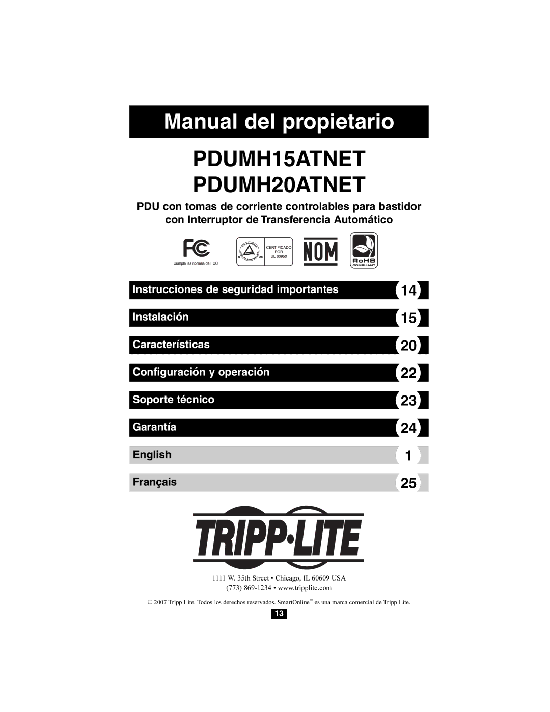 Tripp Lite PDUMH15ATNET, PDUMH20ATNET owner manual Manual del propietario 