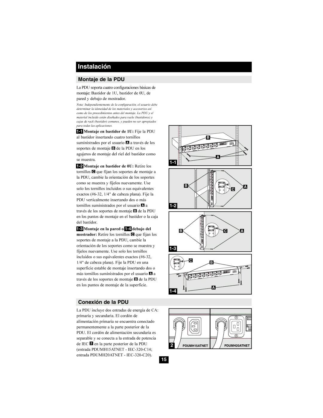 Tripp Lite PDUMH15ATNET, PDUMH20ATNET owner manual Montaje de la PDU, Conexión de la PDU 