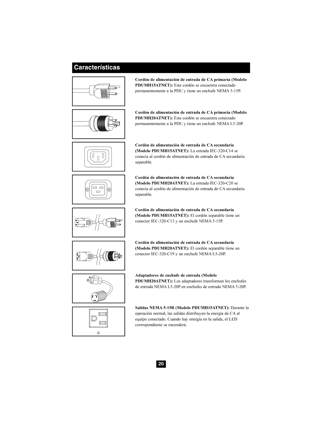 Tripp Lite PDUMH20ATNET, PDUMH15ATNET owner manual Características 