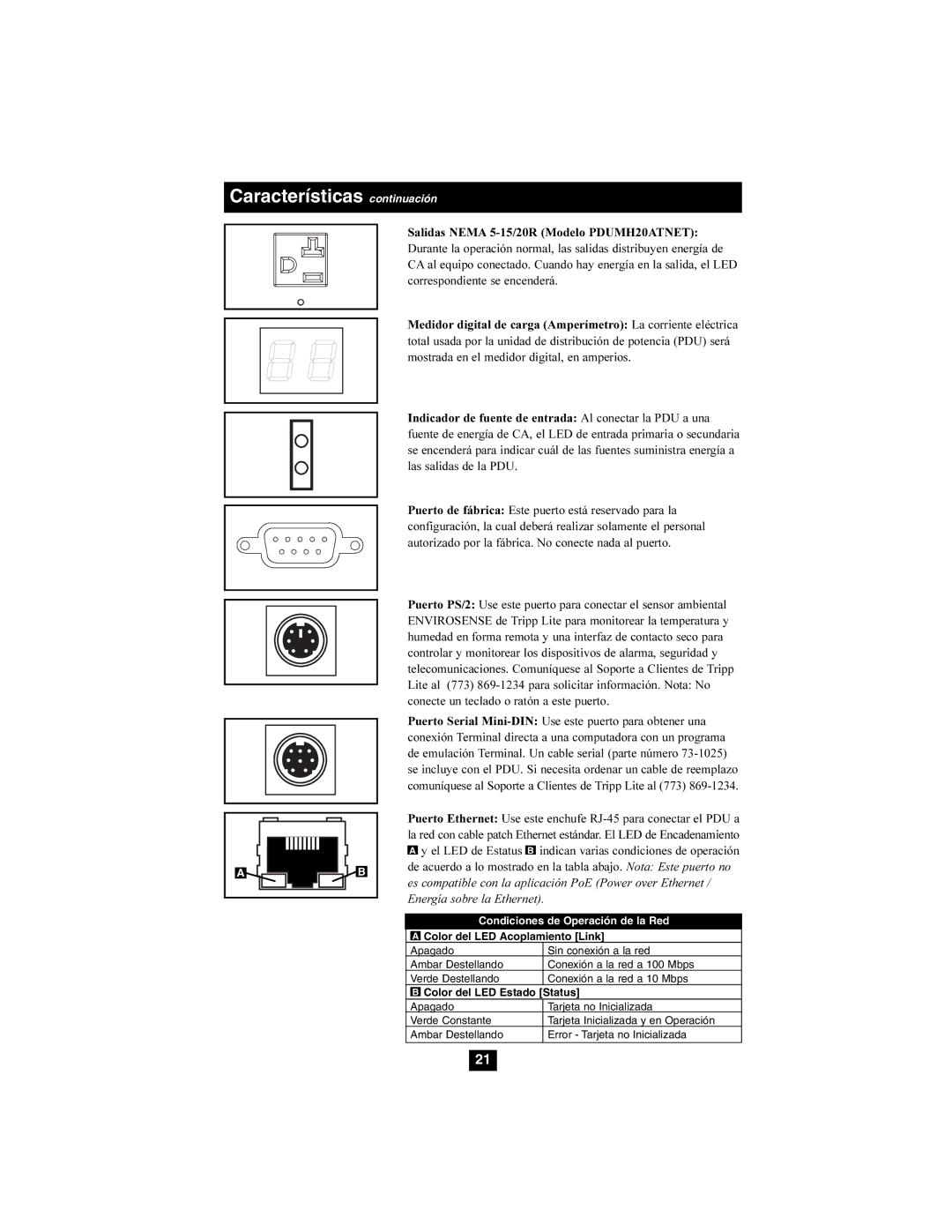 Tripp Lite PDUMH15ATNET, PDUMH20ATNET owner manual Características continuación, Condiciones de Operación de la Red 