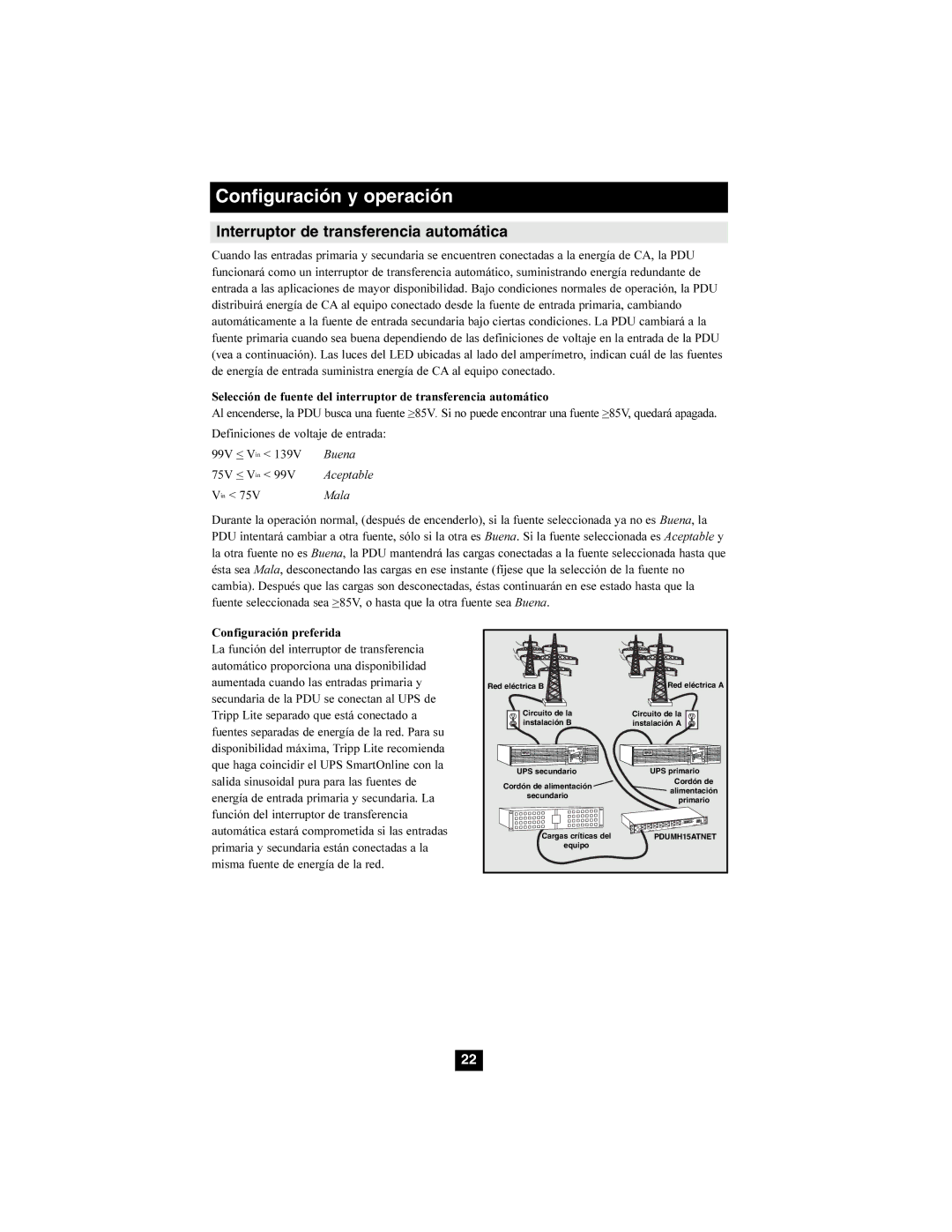 Tripp Lite PDUMH20ATNET, PDUMH15ATNET owner manual Configuración y operación, Interruptor de transferencia automática 