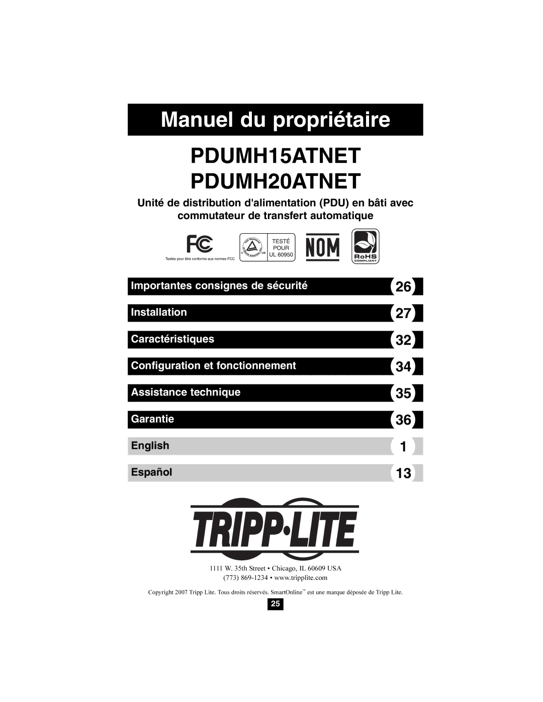 Tripp Lite PDUMH15ATNET, PDUMH20ATNET owner manual Manuel du propriétaire 