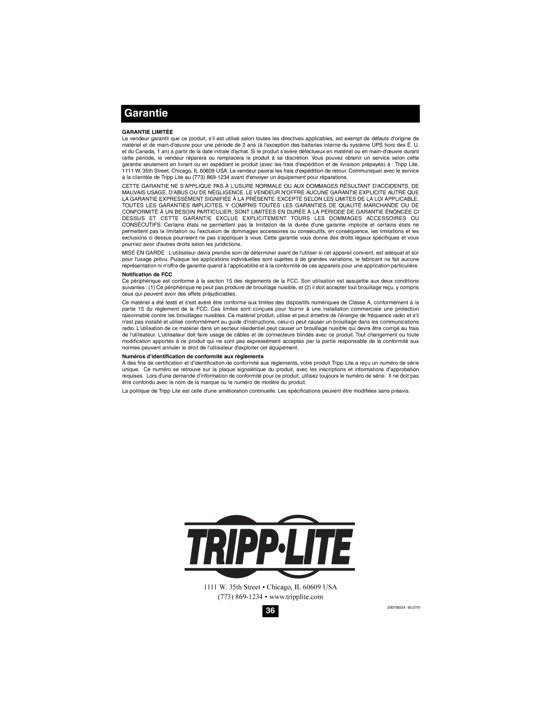 Tripp Lite PDUMH20ATNET, PDUMH15ATNET owner manual Garantie Limitée 