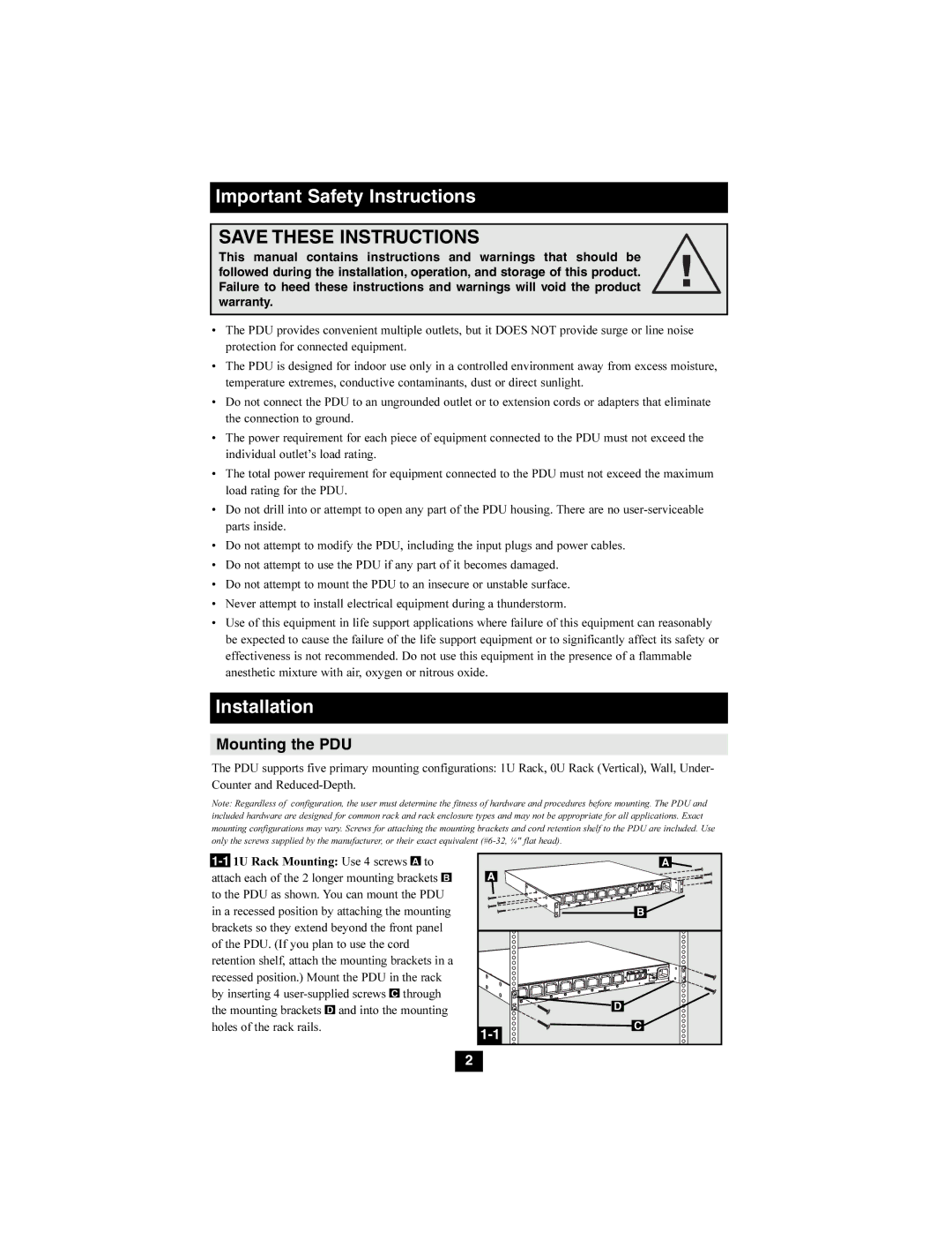 Tripp Lite PDUMH20HVNET owner manual Important Safety Instructions, Mounting the PDU 