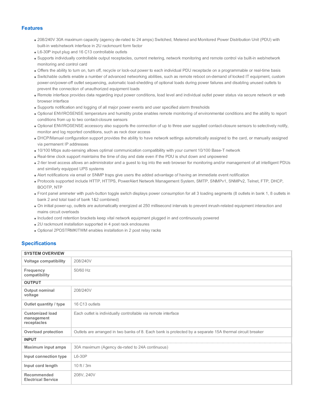 Tripp Lite PDUMH30HVNET manual Features, Specifications, System Overview, Output, Input 