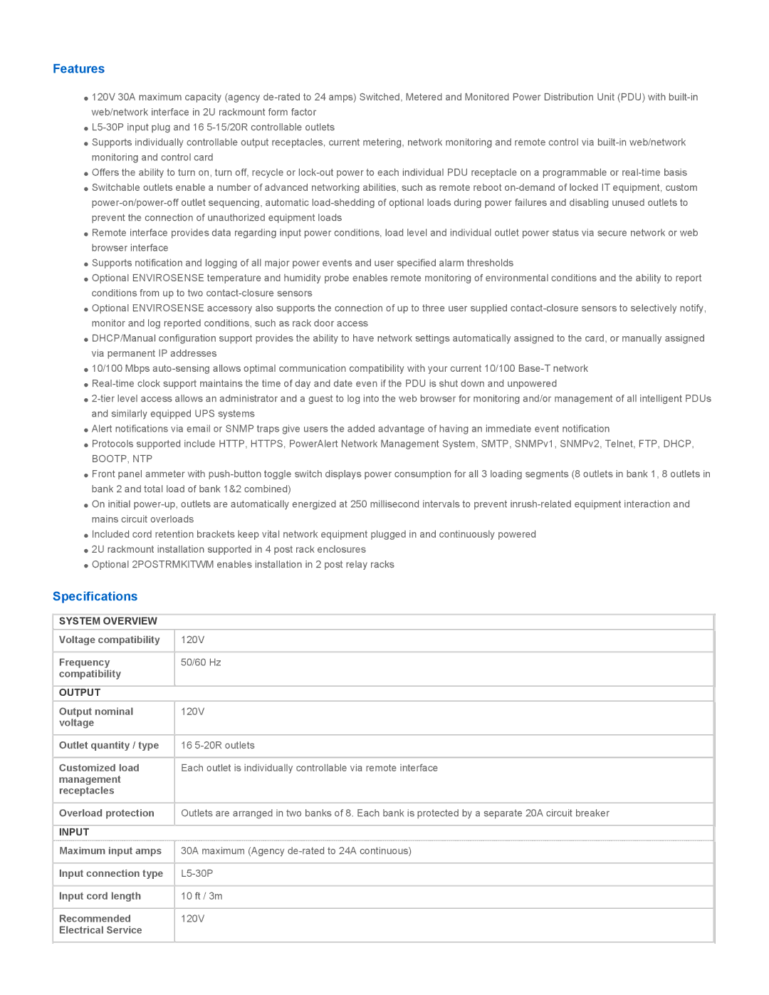 Tripp Lite PDUMH30NET manual Features, Specifications, System Overview, Output, Input 