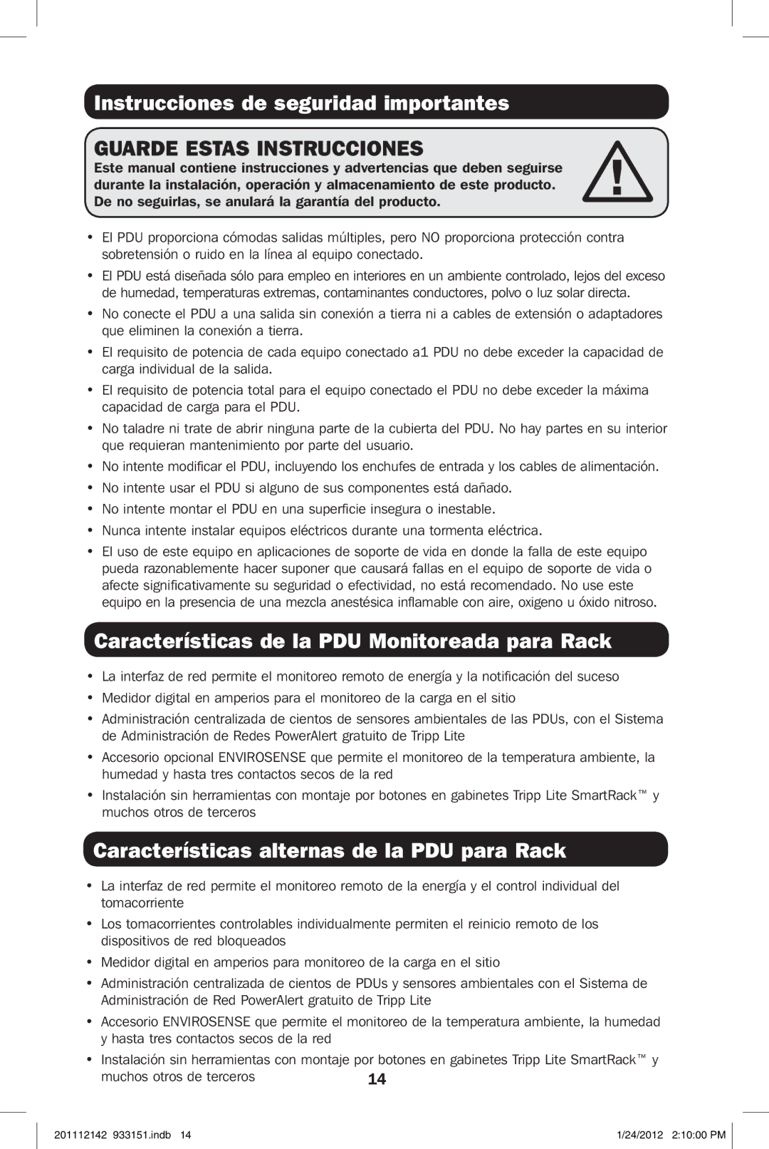 Tripp Lite PDUMNV20 owner manual Instrucciones de seguridad importantes, Características de la PDU Monitoreada para Rack 