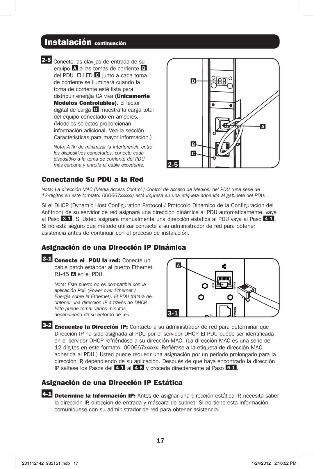 Tripp Lite PDUMNV20 owner manual Conectando Su PDU a la Red, Asignación de una Dirección IP Dinámica 