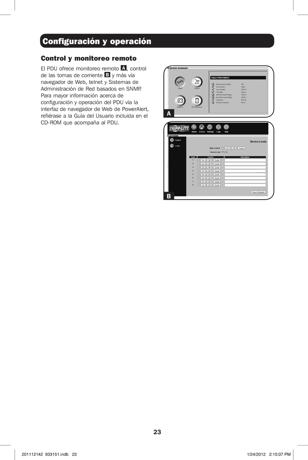 Tripp Lite PDUMNV20 owner manual Configuración y operación, Control y monitoreo remoto 