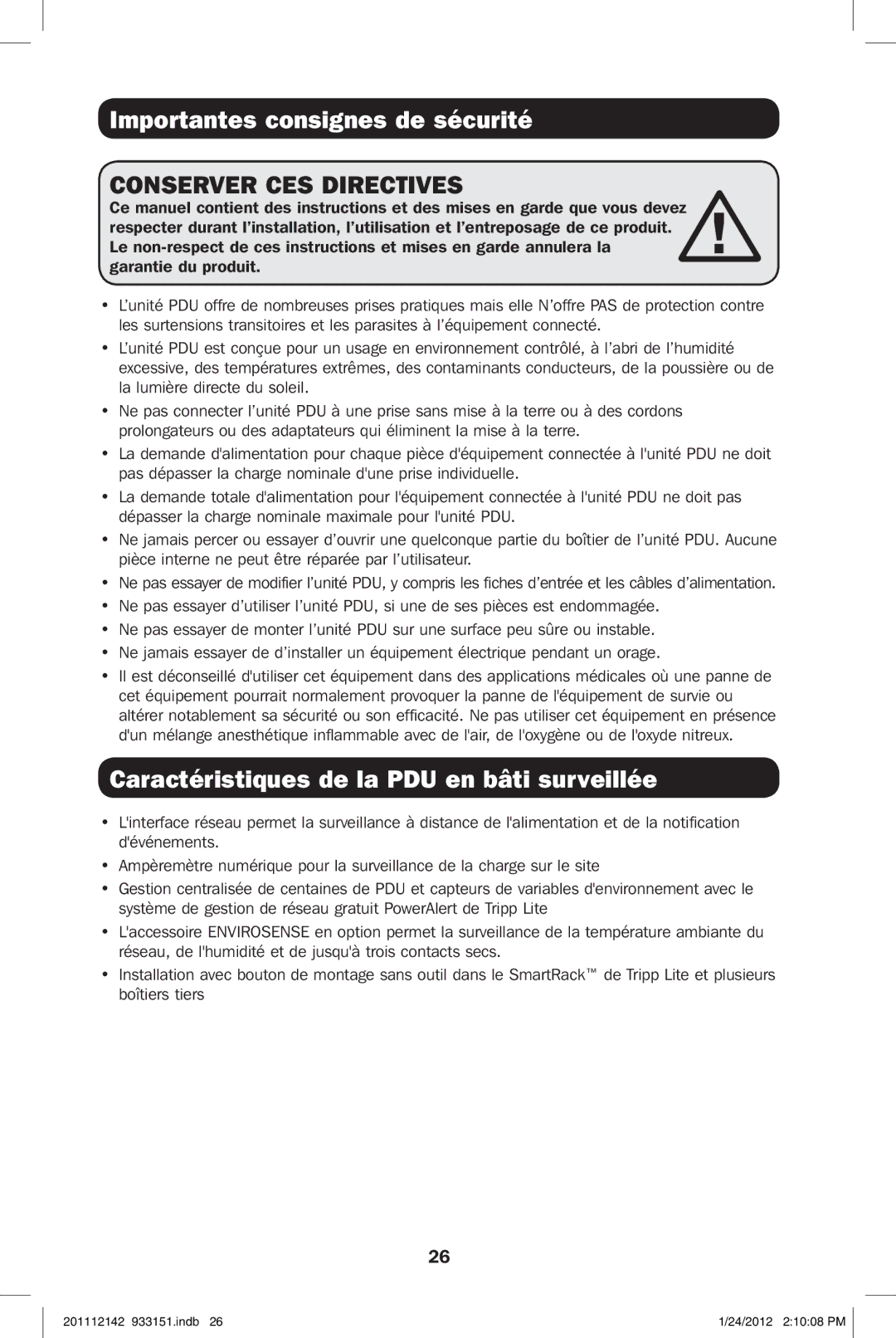 Tripp Lite PDUMNV20 owner manual Importantes consignes de sécurité, Caractéristiques de la PDU en bâti surveillée 