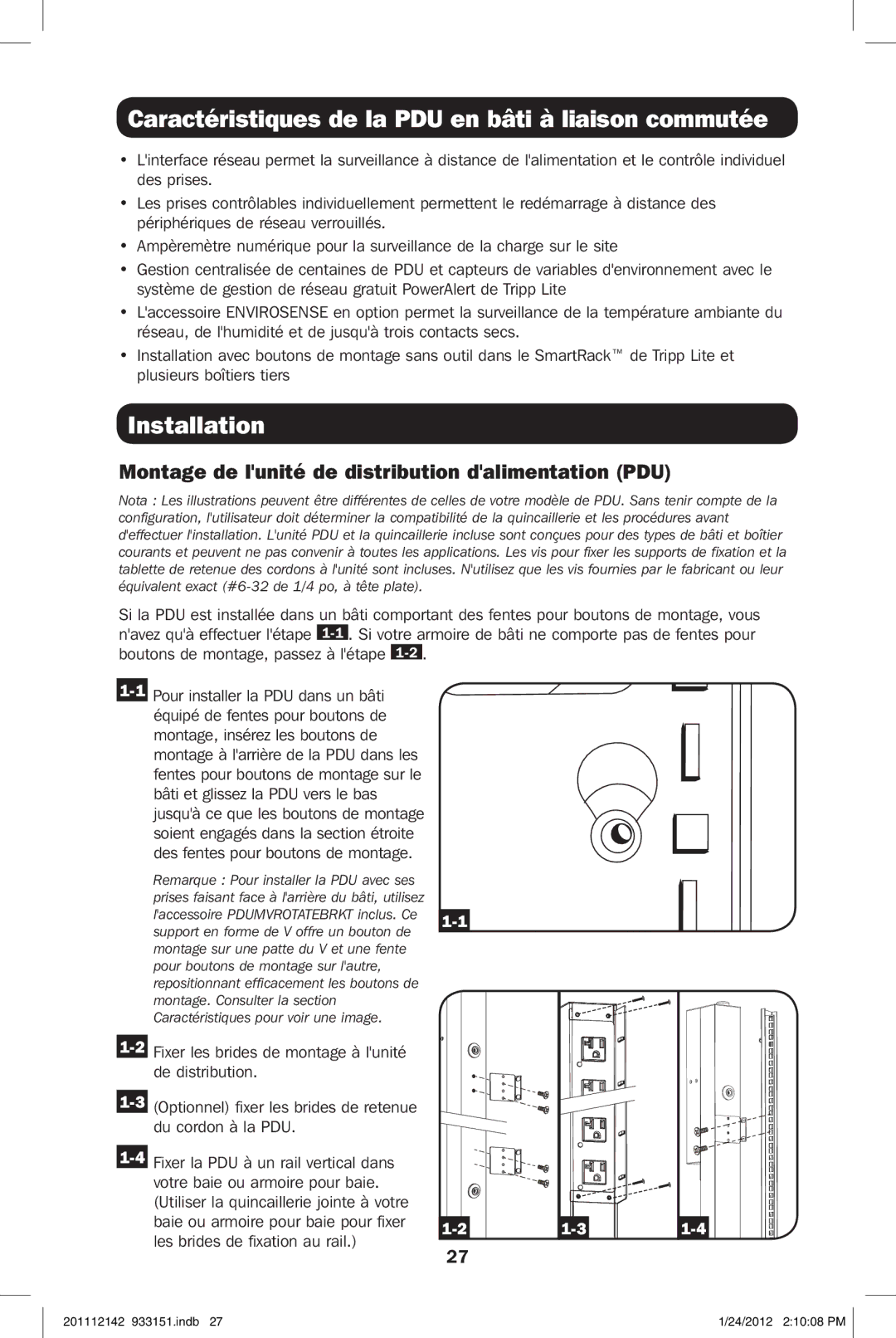 Tripp Lite PDUMNV20 owner manual Caractéristiques de la PDU en bâti à liaison commutée 