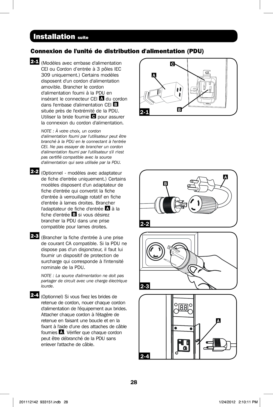 Tripp Lite PDUMNV20 owner manual Installation suite, Connexion de lunité de distribution dalimentation PDU 