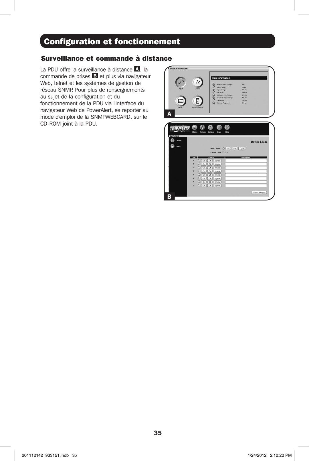 Tripp Lite PDUMNV20 owner manual Configuration et fonctionnement, Surveillance et commande à distance 