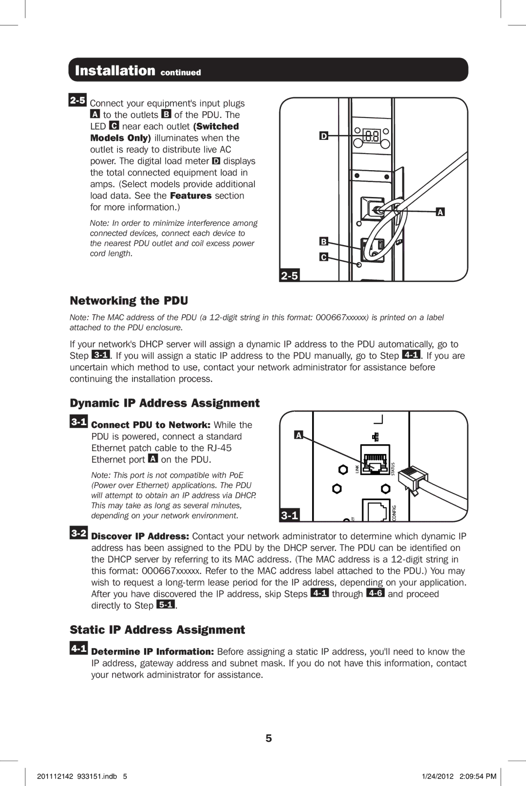 Tripp Lite PDUMNV20 owner manual Networking the PDU, Dynamic IP Address Assignment, Static IP Address Assignment 