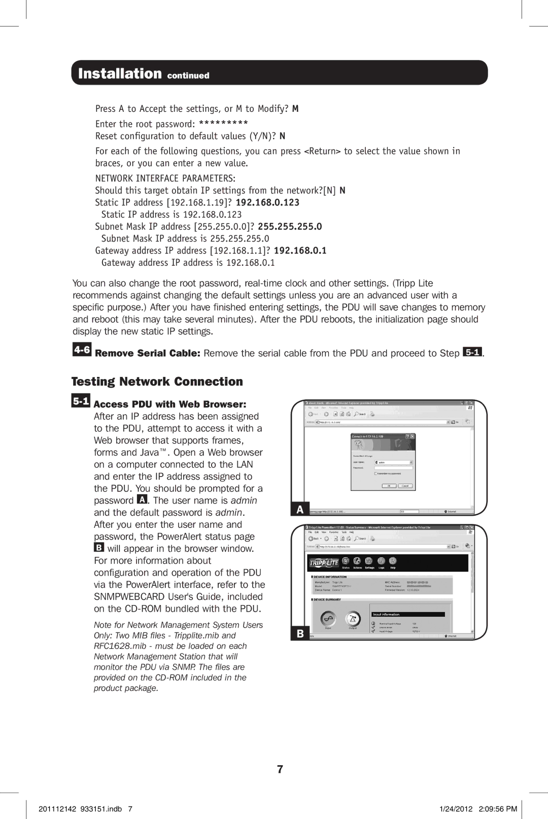 Tripp Lite PDUMNV20 owner manual Testing Network Connection, Network Interface Parameters 