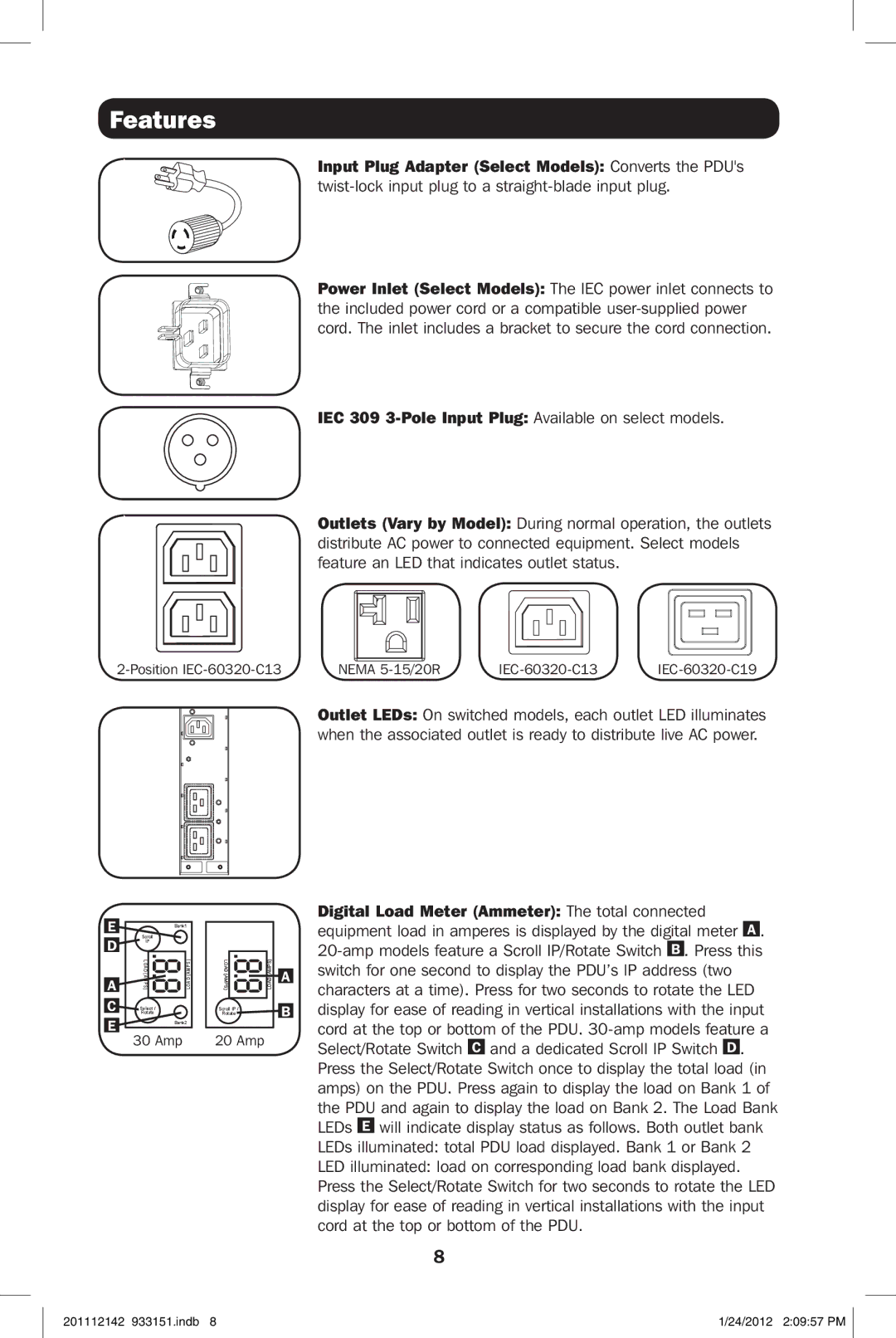 Tripp Lite PDUMNV20 owner manual Features, IEC 309 3-Pole Input Plug Available on select models 