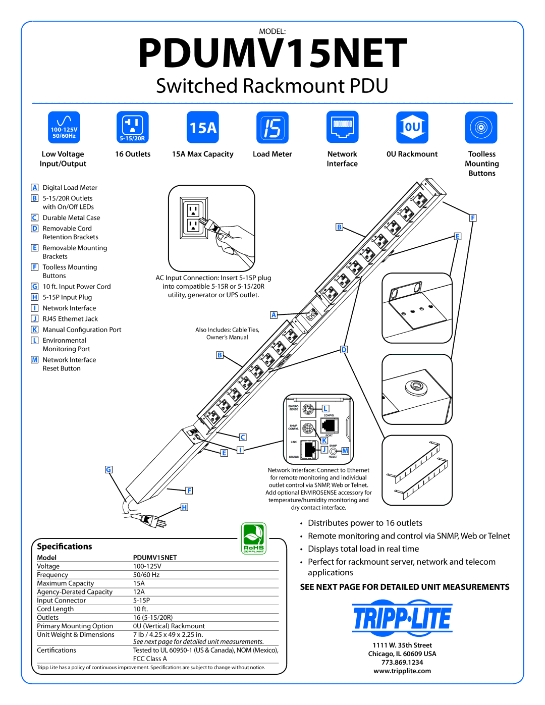 Tripp Lite PDUMV15NET dimensions 