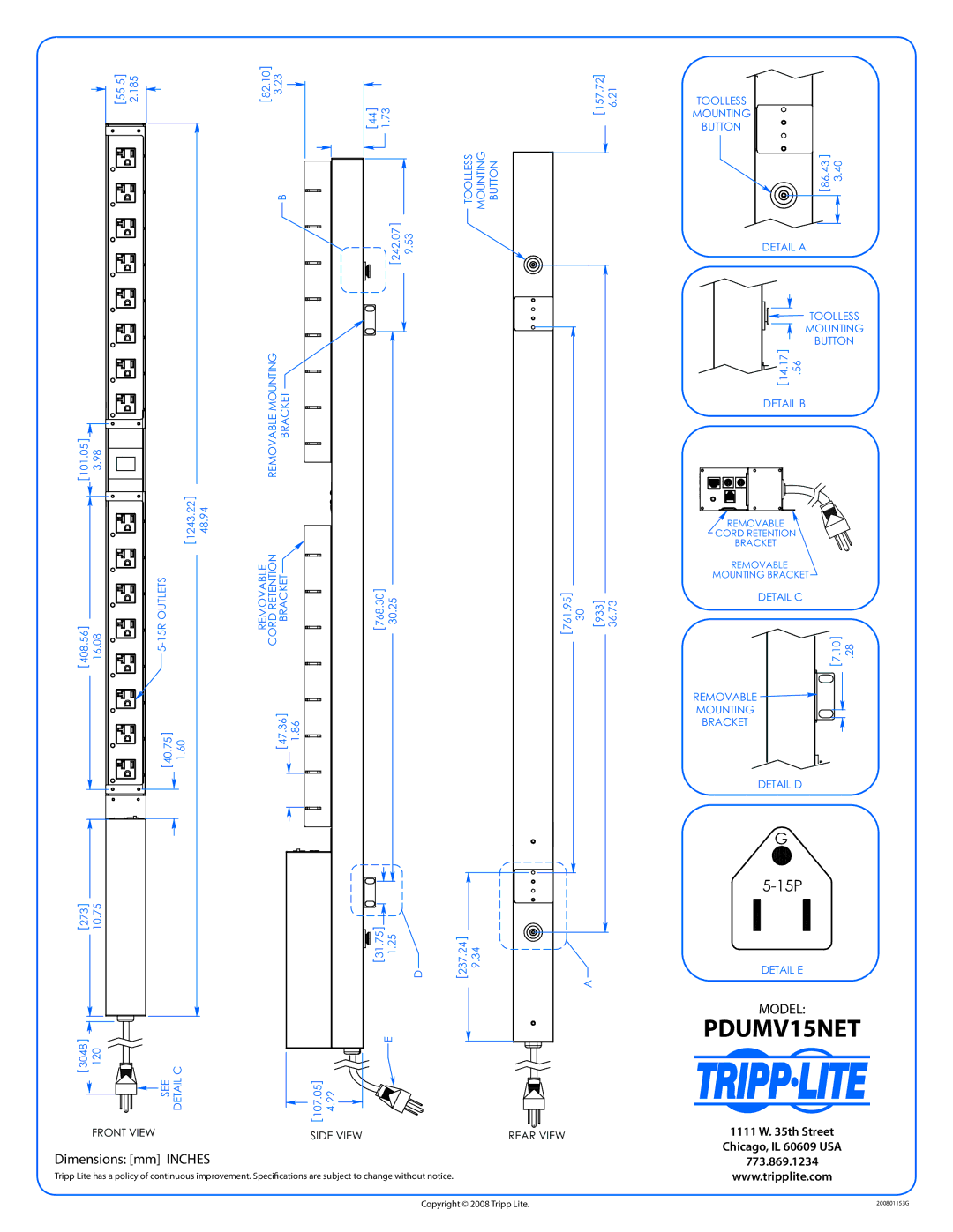 Tripp Lite PDUMV15NET dimensions 