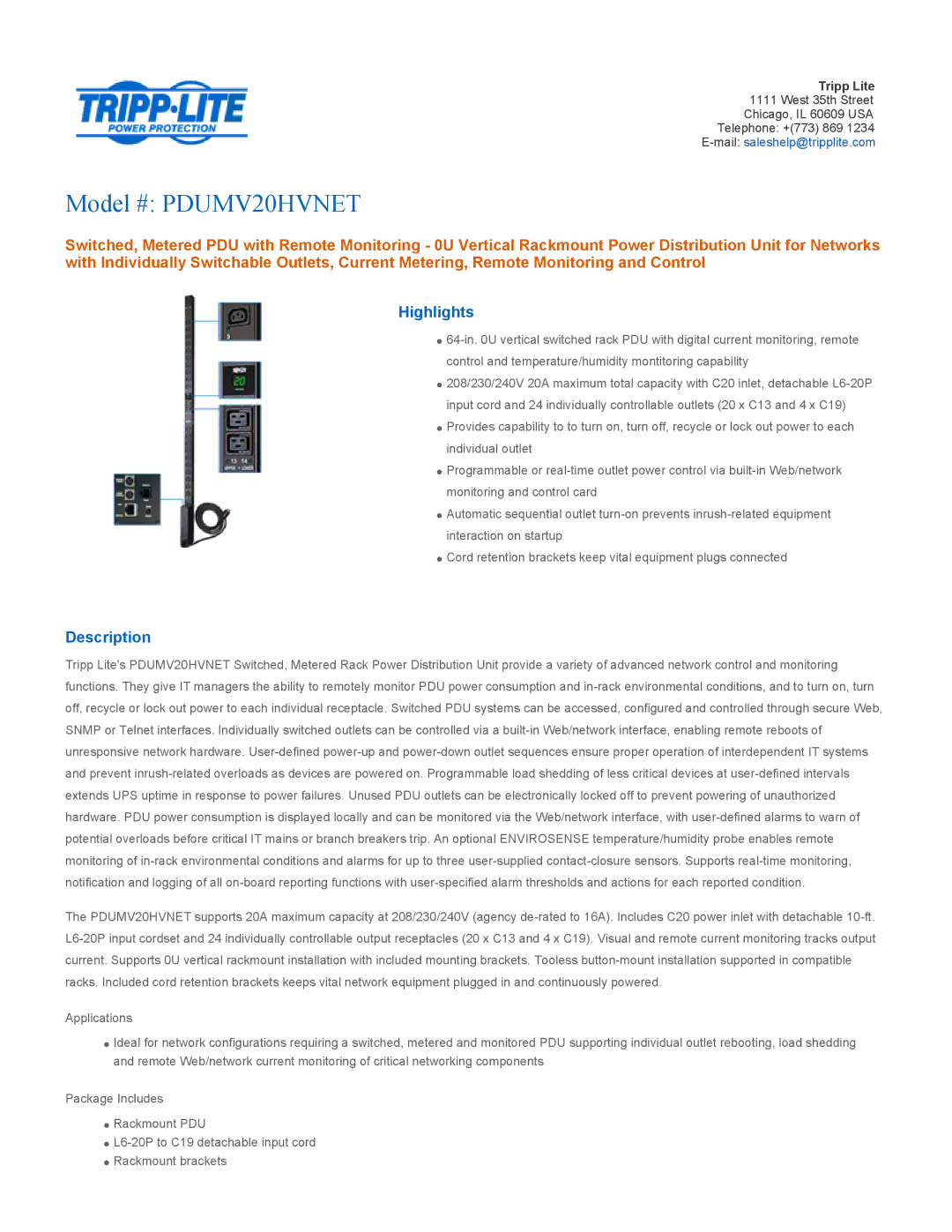 Tripp Lite PDUMV20HVNET manual Highlights, Description 