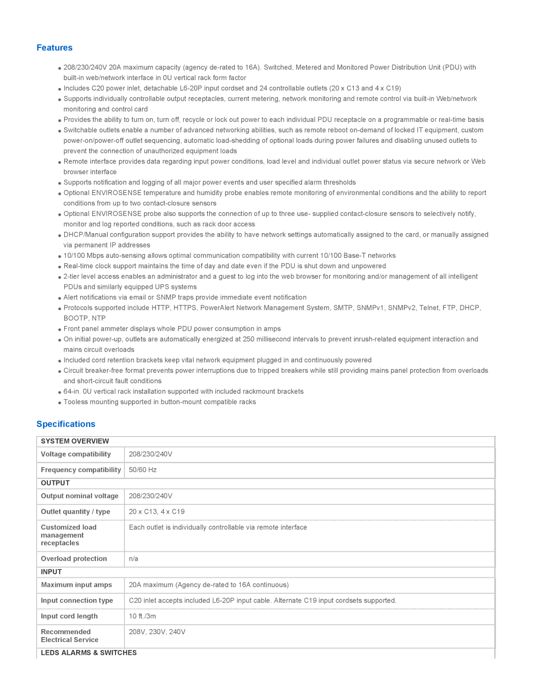 Tripp Lite PDUMV20HVNET manual Features, Specifications 