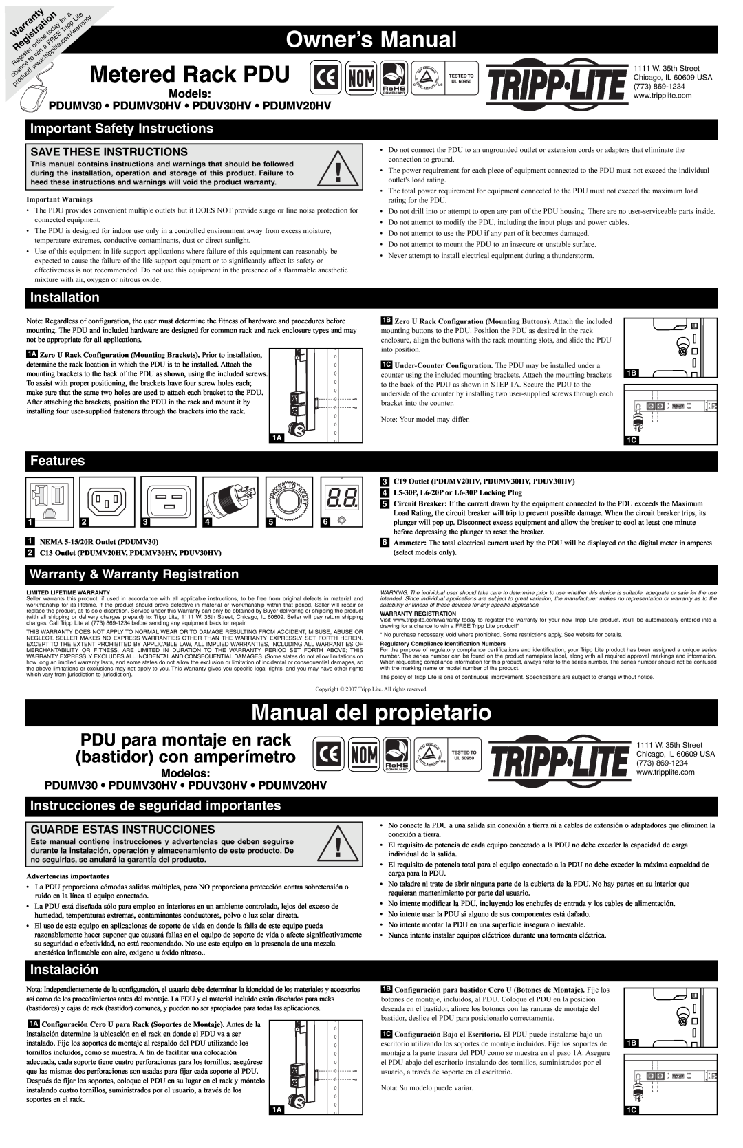 Tripp Lite PDUMV20HV owner manual Owner’s Manual, Manual del propietario, Important Safety Instructions, Installation 